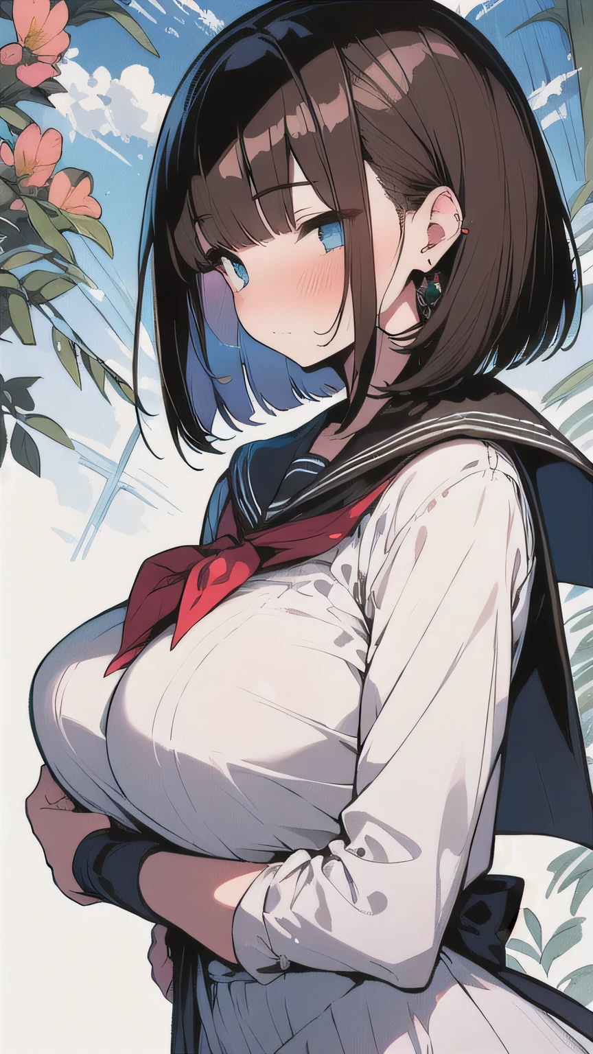 (best quality), (Super detailed), (Best Illustration), (masterpiece), nsfw, (woman), high contrast, {(serafuku lift:1.2), show off breast}, (large breasts), {brown hair, (sideburns), (bob cut:1.3), curly hair, hairs between eyes, colored inner hair}, {(detailed eyes), blue eyes}, blush, earring, wind, (botanical railroad)