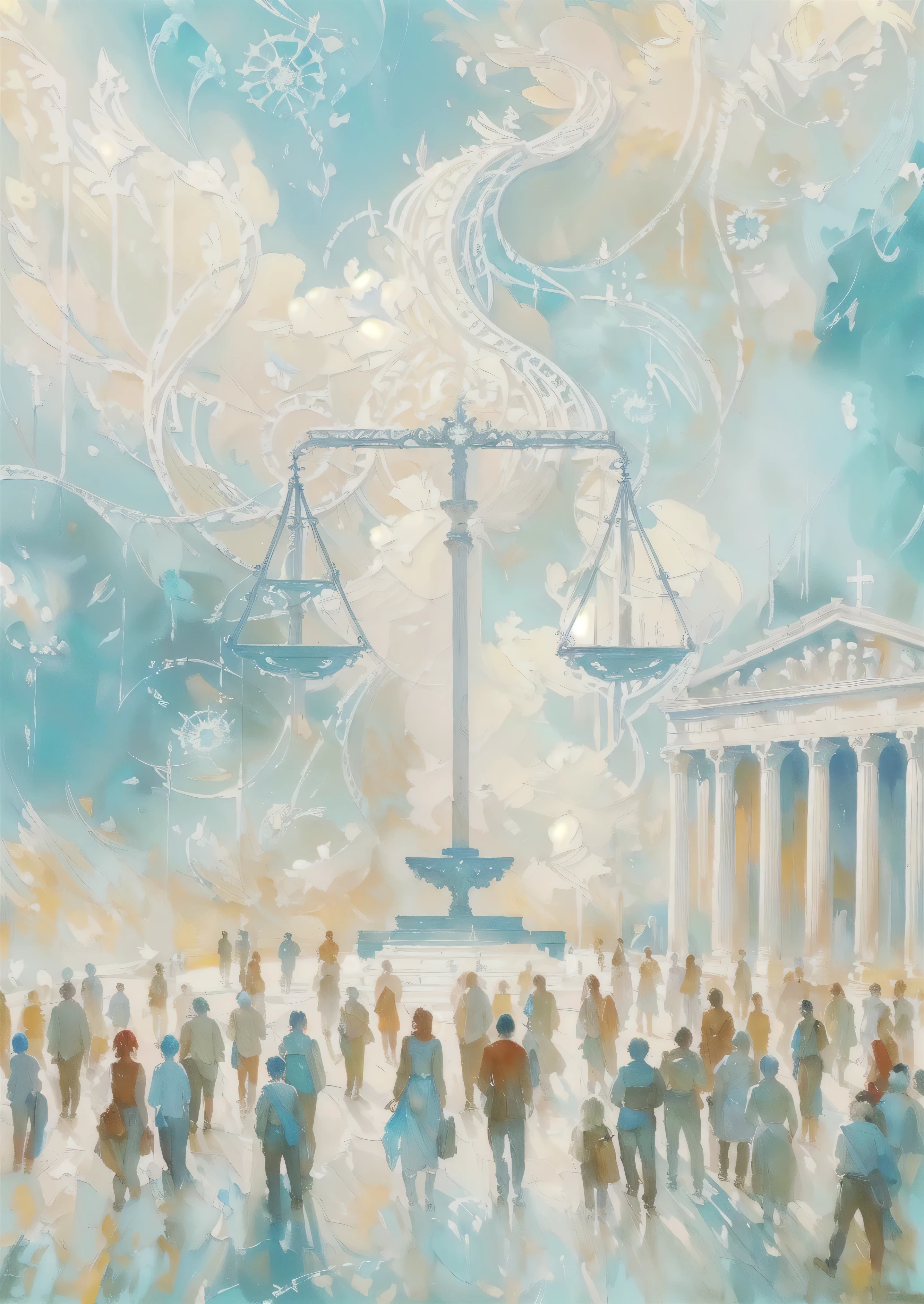 best quality,masterpiece,Extremely complex and exquisite details,Art oil paint illustration style sky,People with their backs to the camera,Greek column architecture,Fair scales,Soft and delicate brushstrokes and tones