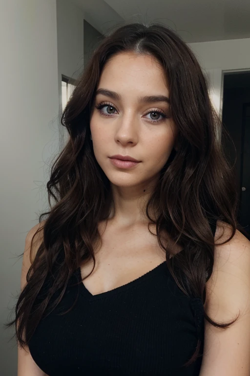 femme de 29 ans, long brown slightly curly hair, yeux bleus, visage parfait, professional makeup like model,  C et portant un haut ????
