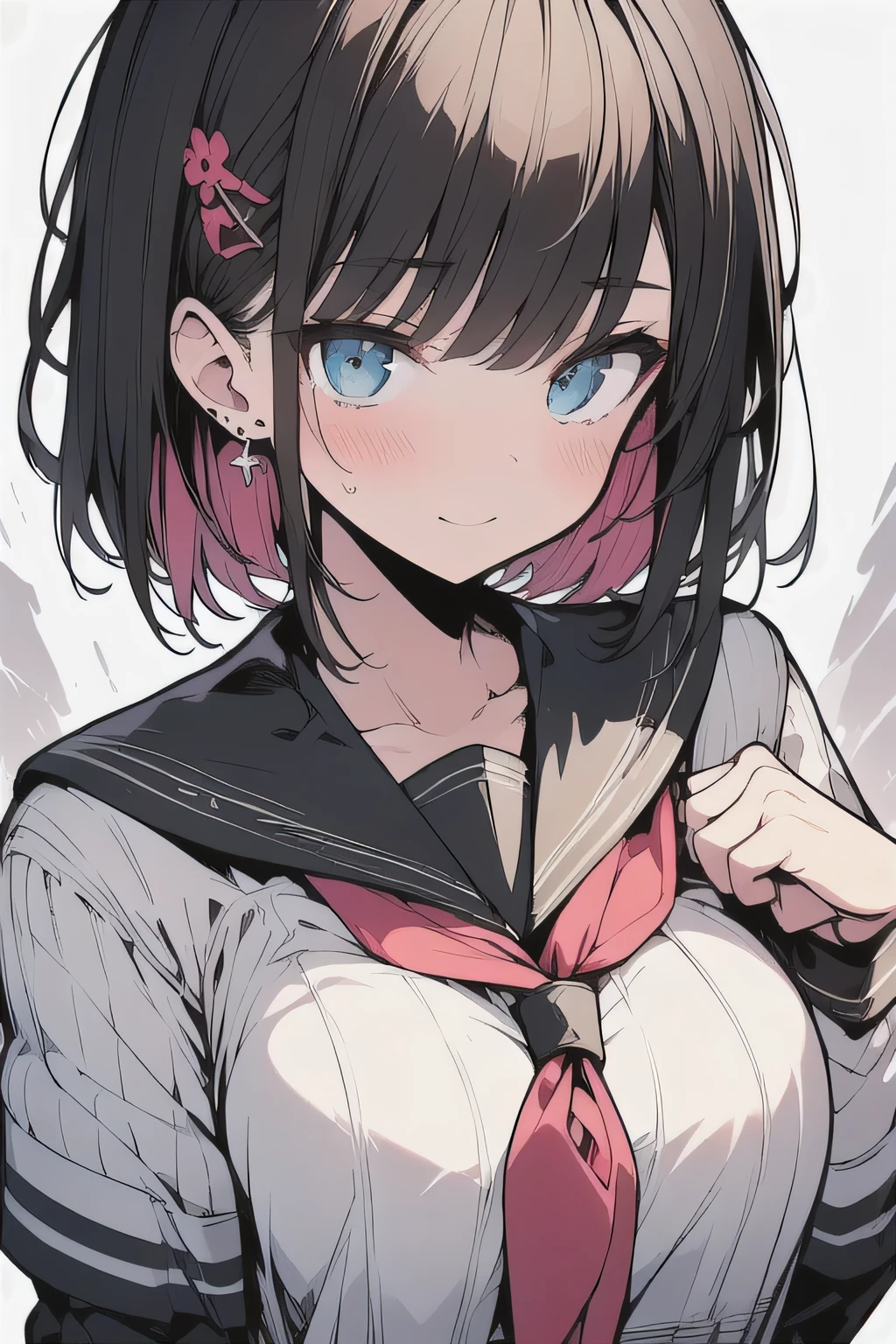 (best quality), (Super detailed), (Best Illustration), (masterpiece), insane detail, score_9, score_8_up, score_7_up, 4k, high contrast, (teenager), (cute girl), solo, (serafuku), (large breasts:1.2), {brown hair, (sideburns), (bob cut:1.3), curly hair, hairs between eyes, colored inner hair}, {(detailed eyes), blue eyes}, (enjoy:1.3), blush, earring, (white background),