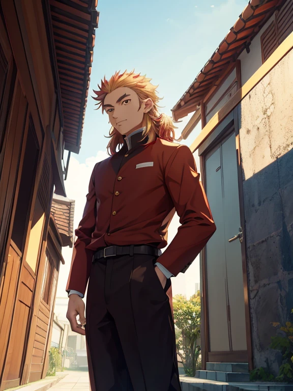 Rengoku Kyojuro, (absurdos, high resolution, ultra detallado, hdr), obra maestra, mejor calidad, 1 chico, solo, Elegante, pelo largo, ceja bifurcada, camisa, chaqueta, pants, Parque, ciudad, sunny day, sonrisa afectada, desde abajo, mira abajo