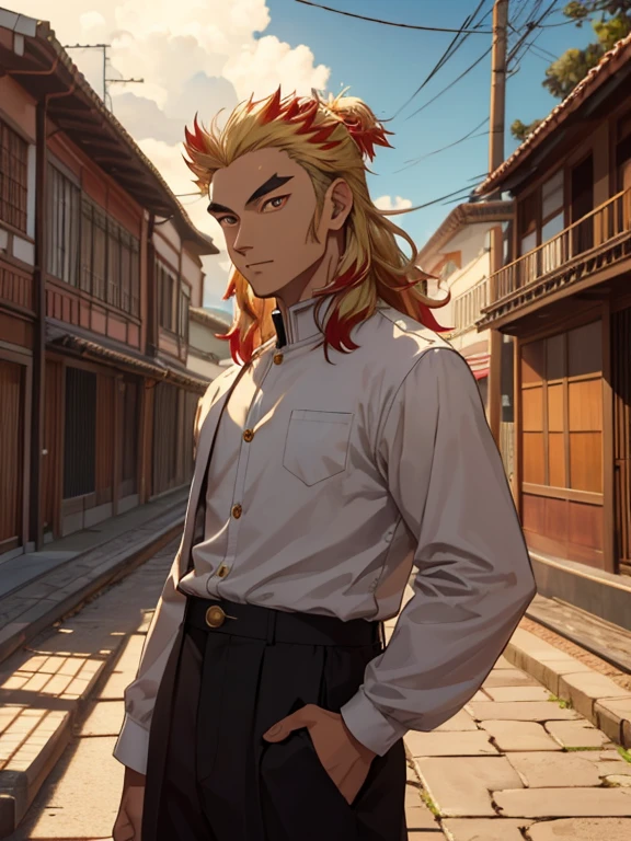 Rengoku Kyojuro, (absurdos, high resolution, ultra detallado, hdr), obra maestra, mejor calidad, 1 chico, solo, Elegante, pelo largo, ceja bifurcada, camisa, chaqueta, pants, Parque, ciudad, sunny day, sonrisa afectada, desde abajo, mira abajo