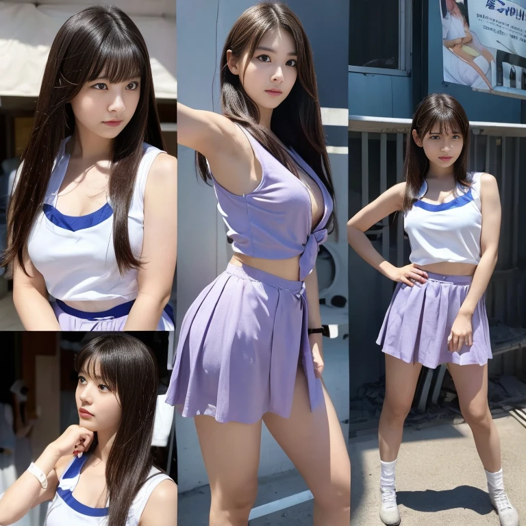 ##Overview
Create two high-quality, realistic photo images of a climactic scene from an action heroine photoshoot for a magazine catering to fans of heroines in peril. Full body shots including feet, 1024x1024 size.
##Character
A cute young Japanese woman in her late s/early 20s with a fresh, innocent look - the heroine character from a live-action Japanese superhero TV series.
##Costume
A white-based costume design that looks pure but allows for easy movement - something like a sleeveless top and short skirt revealing her thighs. The costume should appear scuffed and dusty in places from battle.
##Hairstyle
A neat, innocent hairstyle with straight hair pulled halfway up to expose her ears.
##Additional Appearance Notes
Her knees should also appear dusty/scuffed up from the battle.
##Situation
Capture two different angles of a climactic moment where the heroine is in peril, battling the villain in their secret lair. While the villains themselves may not be visible, the background should show signs of destruction from the fight.