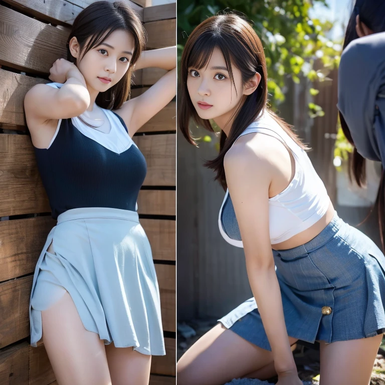 ##Overview
Create two high-quality, realistic photo images of a climactic scene from an action heroine photoshoot for a magazine catering to fans of heroines in peril. Full body shots including feet, 1024x1024 size.
##Character
A cute young Japanese woman in her late teens/early 20s with a fresh, innocent look - the heroine character from a live-action Japanese superhero TV series.
##Costume
A white-based costume design that looks pure but allows for easy movement - something like a sleeveless top and short skirt revealing her thighs. The costume should appear scuffed and dusty in places from battle.
##Hairstyle
A neat, innocent hairstyle with straight hair pulled halfway up to expose her ears.
##Additional Appearance Notes
Her knees should also appear dusty/scuffed up from the battle.
##Situation
Capture two different angles of a climactic moment where the heroine is in peril, battling the villain in their secret lair. While the villains themselves may not be visible, the background should show signs of destruction from the fight.
