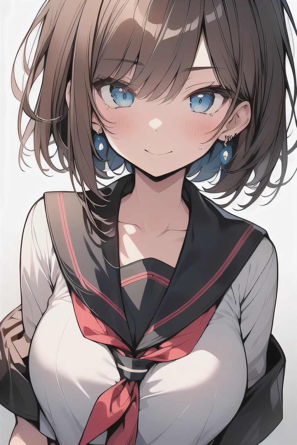 (best quality), (Super detailed), (Best Illustration), (masterpiece), insane detail, score_9, score_8_up, score_7_up, 4k, (ager), (cute girl), solo, (serafuku), (large breasts:1.2), {brown hair, (sideburns), (bob cut:1.3), curly hair, hairs between eyes, colored inner hair}, {(detailed eyes), blue eyes}, (enjoy:1.3), blush, earring, (white background),