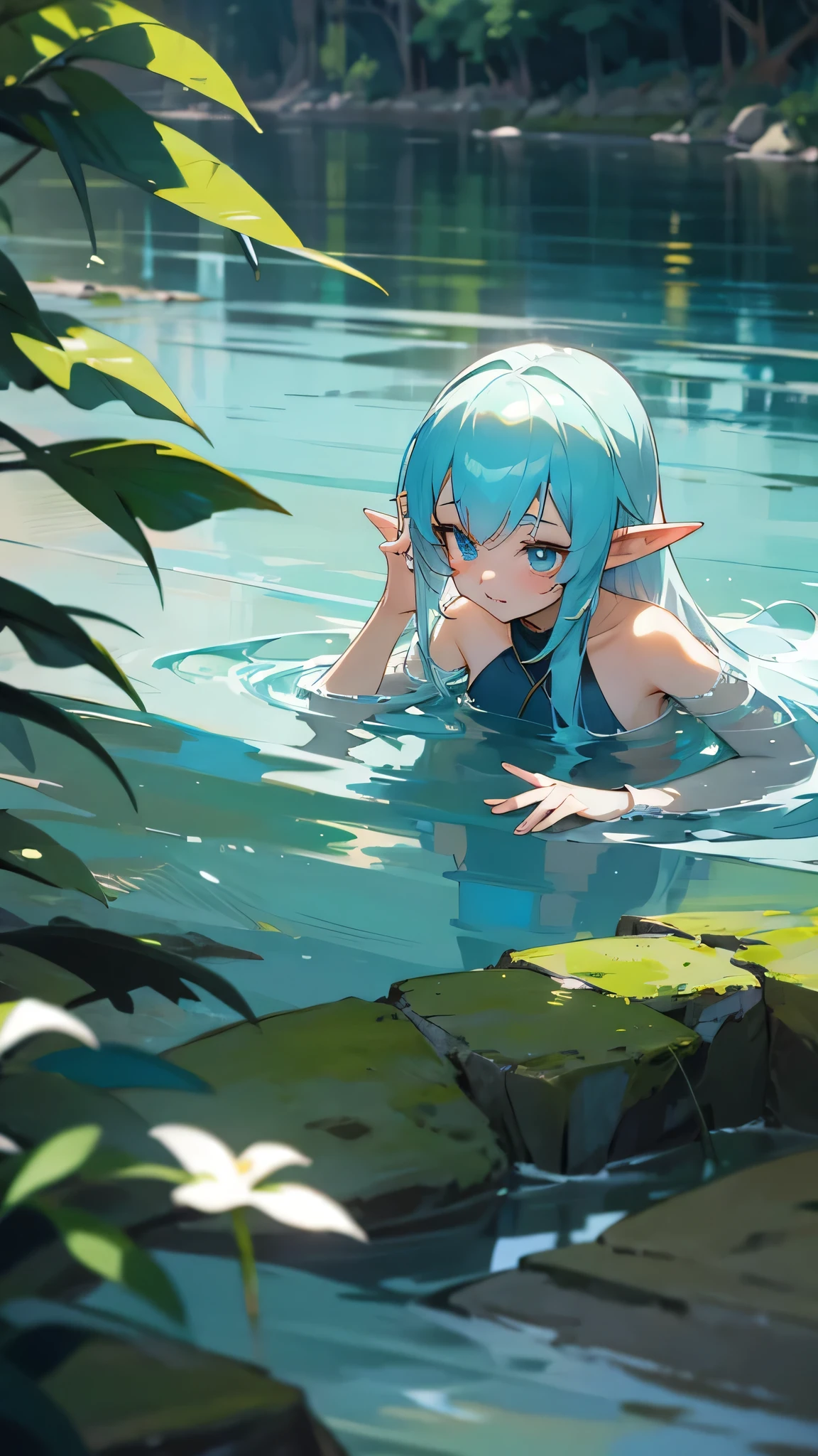 Anime girl, elf, elf ears, normal fingers, cute, normal hair, swimming in the river