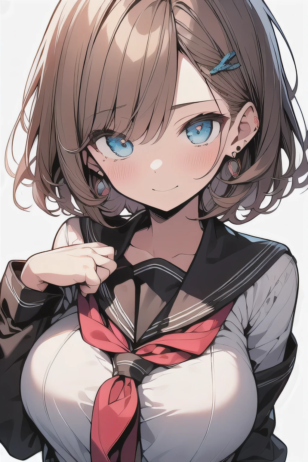 (best quality), (Super detailed), (Best Illustration), (masterpiece), insane detail, score_9, score_8_up, score_7_up, 4k, (teenager), (cute girl), solo, (serafuku), (large breasts:1.2), {brown hair, (sideburns), (bob cut:1.3), curly hair, hairs between eyes, colored inner hair}, {(detailed eyes), blue eyes}, (enjoy:1.3), blush, earring, (white background),