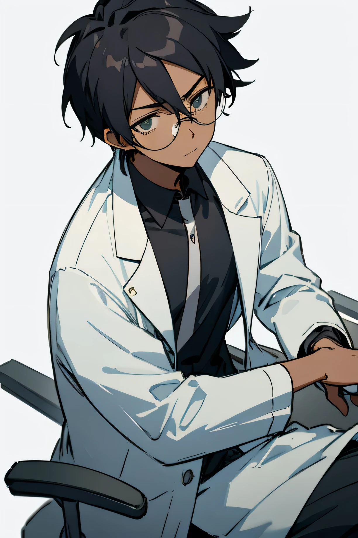 Male, , lab background, Glasses, black skin color, lab coat chair.