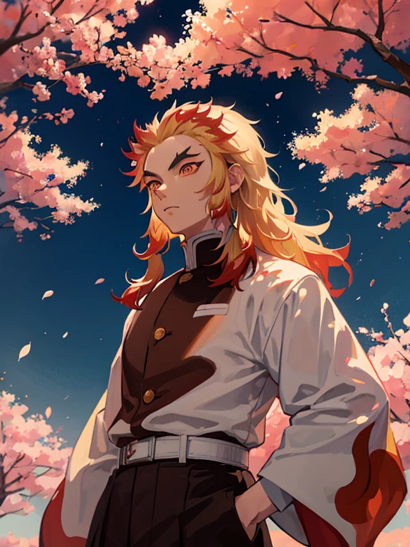 rengoku kyoujuro, 1 hombre, standing under a cherry blossom tree, buscando, neutral expression, ((alcanzando)), beautiful lighting, Edge lighting, profundidad de campo