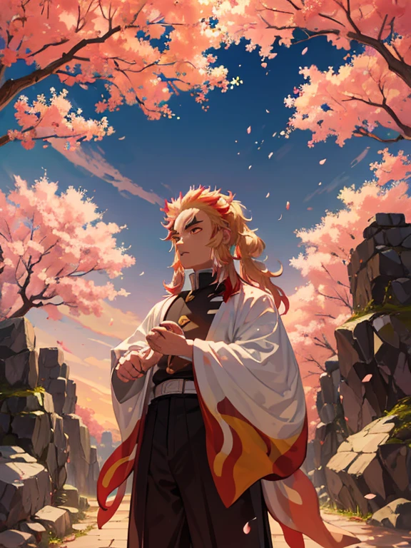 rengoku kyoujuro, 1 hombre, standing under a cherry blossom tree, buscando, neutral expression, ((alcanzando)), beautiful lighting, Edge lighting, profundidad de campo