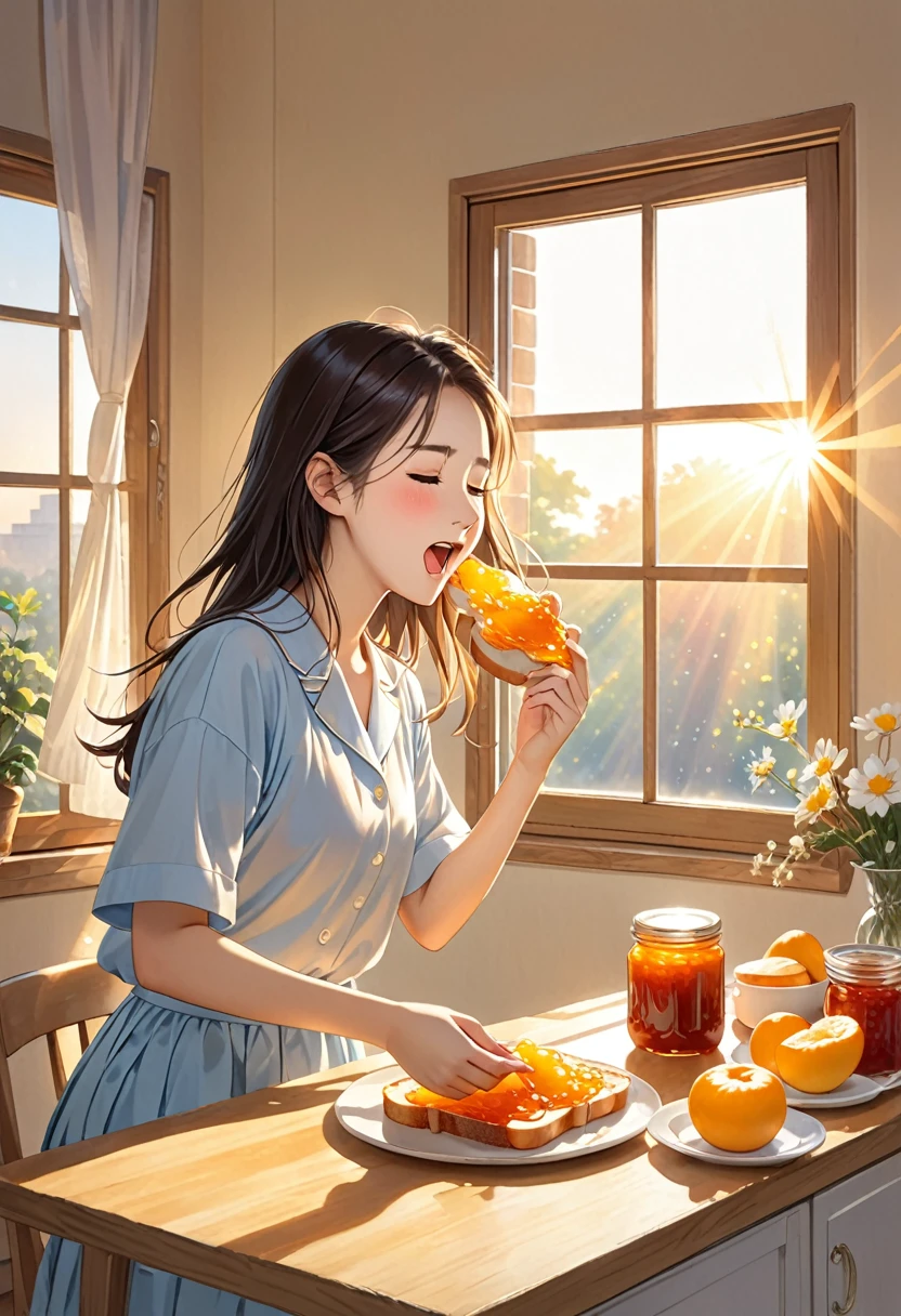 Morning light pours softly into the living room、A sleepy high school girl yawning。With practiced movements, her hands spread marmalade jam on the bread.、prepare breakfast。The light from the window、Heralding the beginning of a new day。Her profile is calm、It looks like he's enjoying the morning silence.。the room is quiet、The outside world seems to be still asleep。