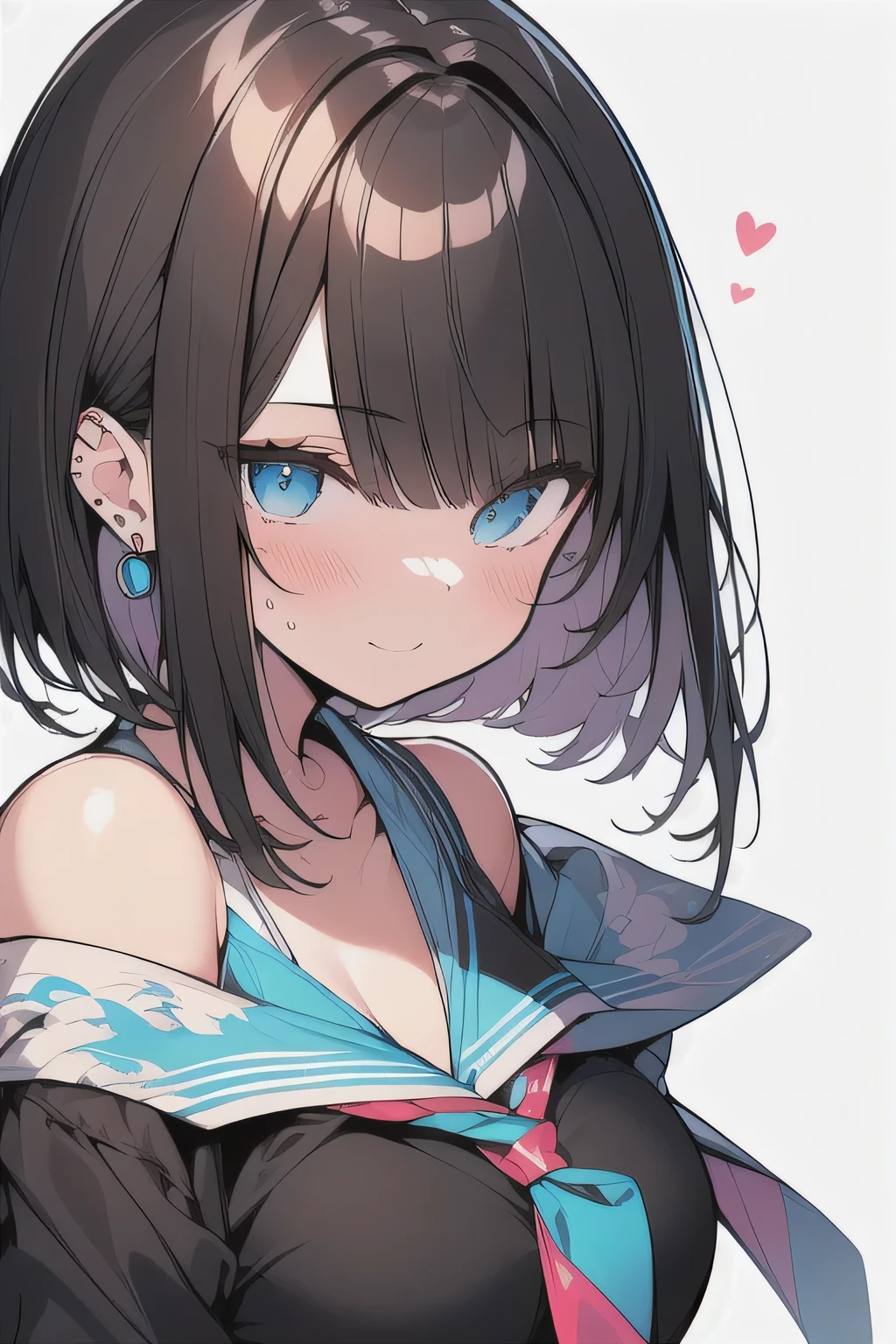 (best quality), (Super detailed), (Best Illustration), (masterpiece), insane detail, score_9, score_8_up, score_7_up, 4k, (ager), (cute girl), solo, (serafuku), (large breasts:1.2), {brown hair, (sideburns), (bob cut:1.3), curly hair, hairs between eyes, colored inner hair}, {(detailed eyes), blue eyes}, (enjoy:1.3), blush, earring, (white background),