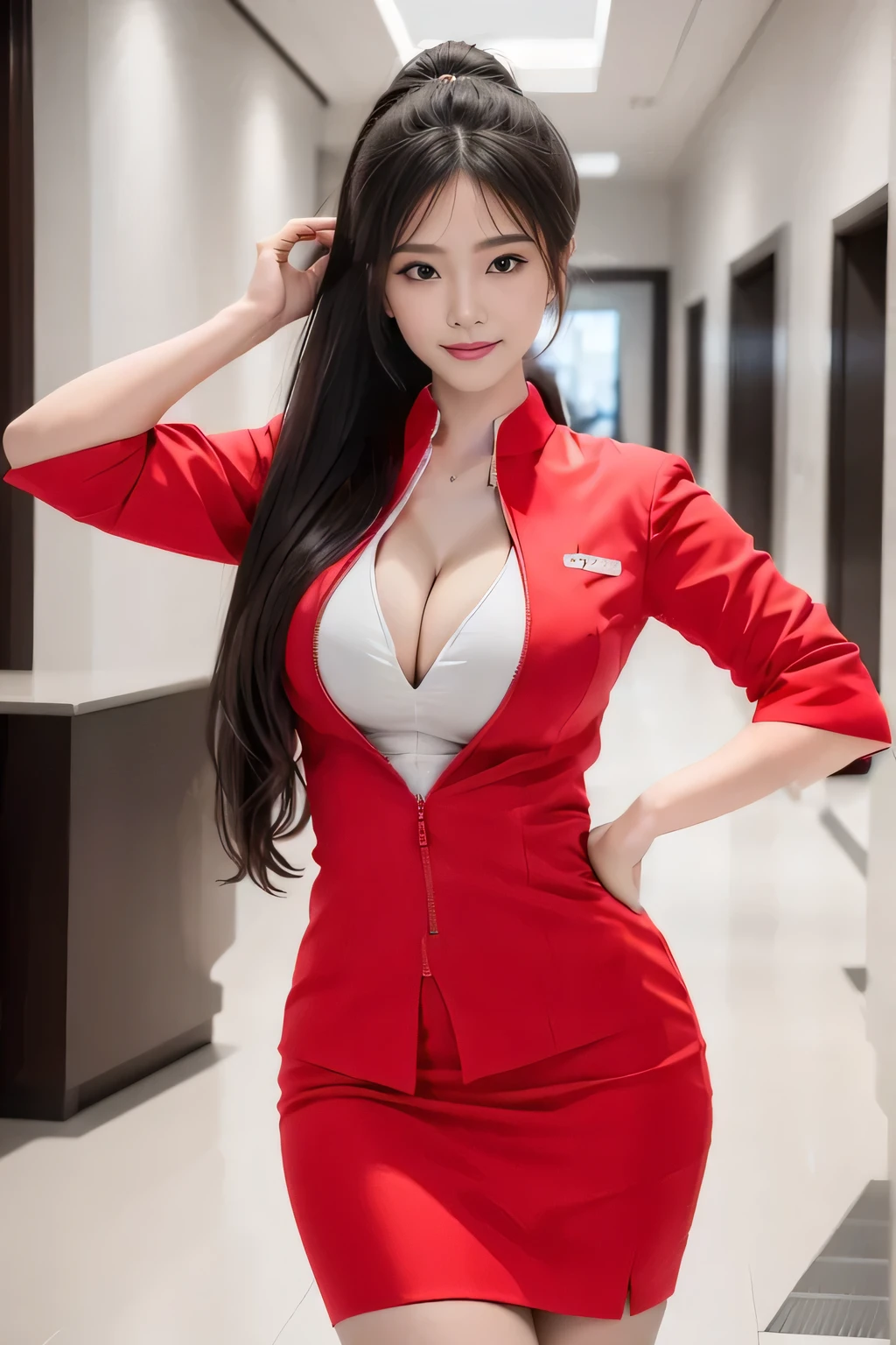 (masterpiece:1.2, highest quality:1.2), 32K HDR, High resolution, (alone、1 girl)、(At the airport entrance、Professional Lighting)、Skyscraper Background、Beautiful city view、(Realistic style with AirAsia flight attendant uniforms)、(AirAsia uniform unzipped red jacket、AirAsia uniform long sleeve red jacket、AirAsia uniform red mini tight skirt、AirAsia uniform white shirt unbuttoned)、Big breasts showing cleavage、(AirAsia uniform shirt cleavage reveals big boobs)、Dark brown hair、ponytail、Red rubber band、(Long hair that reaches down to the legs、Tie your hair behind your head、Her tied-up long hair flutters in the wind)、A strong wind is blowing、Long Shot、((Fine hand:2.0)),((Harmonious body proportions:1.5)),((Normal limbs:2.0)),((Normal finger:2.0)),((Delicate eyes:2.0)),((Normal eyes:2.0)))、Luxury Necklace、Beautiful standing posture