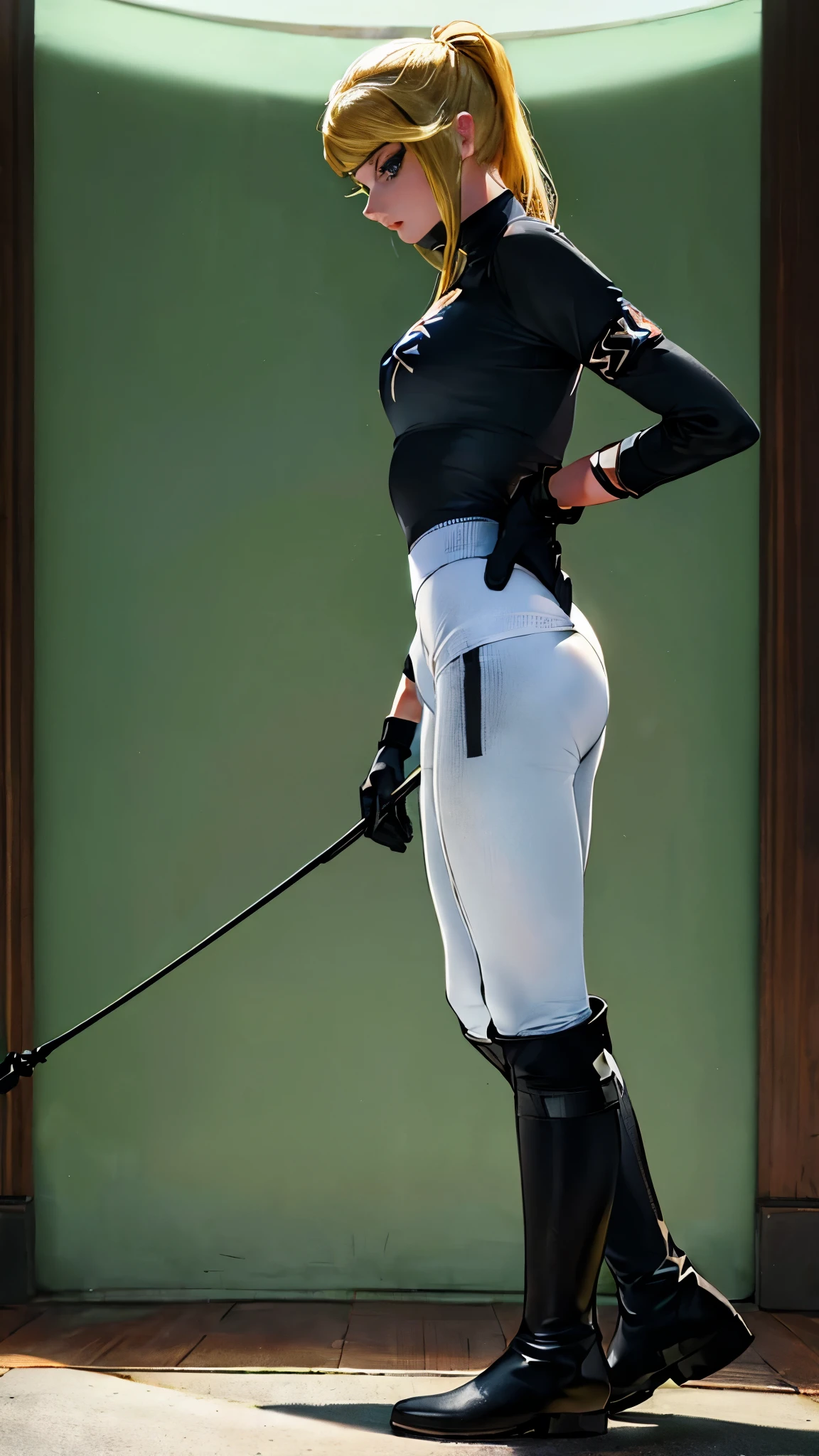 (highest resolution, distinct_image) best quality, a woman, solo, masterpiece, highly detailed, semi realistic, blonde hair, bangs, 18 years old, mature, young, tall strong, uniform, military uniform( large indoor background), cold, serious, tall, handsome, autocratic, powerful, exquisite facial features, exquisite facial features, (full body)(black knee-high boots:1.4)(dominatrix:0.3)(white Yoga pants:1.3),(gloves:1.5)(long sleeves),(active sportswear shirt),(princess Zelda),solo,1girl,(looking at viewer:0.2),(from below:0.7)(head turned upwards:0.3)(smiling:0.4)(bodysuit:0.3)(holding riding crop:1.2)(other hand empty)(muscular:0.5)(shirt tucket in pants), luxurious room, palace, marble, perfect eyes