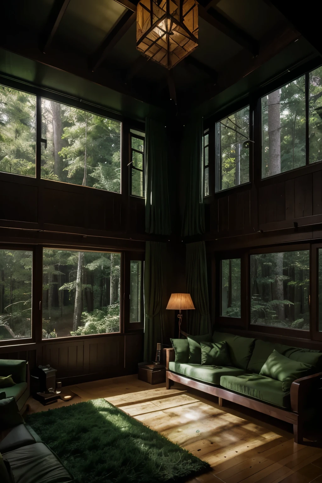 A double-height living room with a large floor-to-ceiling window in a forest house. Outside there is a dark landscape covered in dense trees. The living area is decorated with a bed and lamps illuminating the room. The color palette is in darker and green tones, bringing a feeling of wild life.