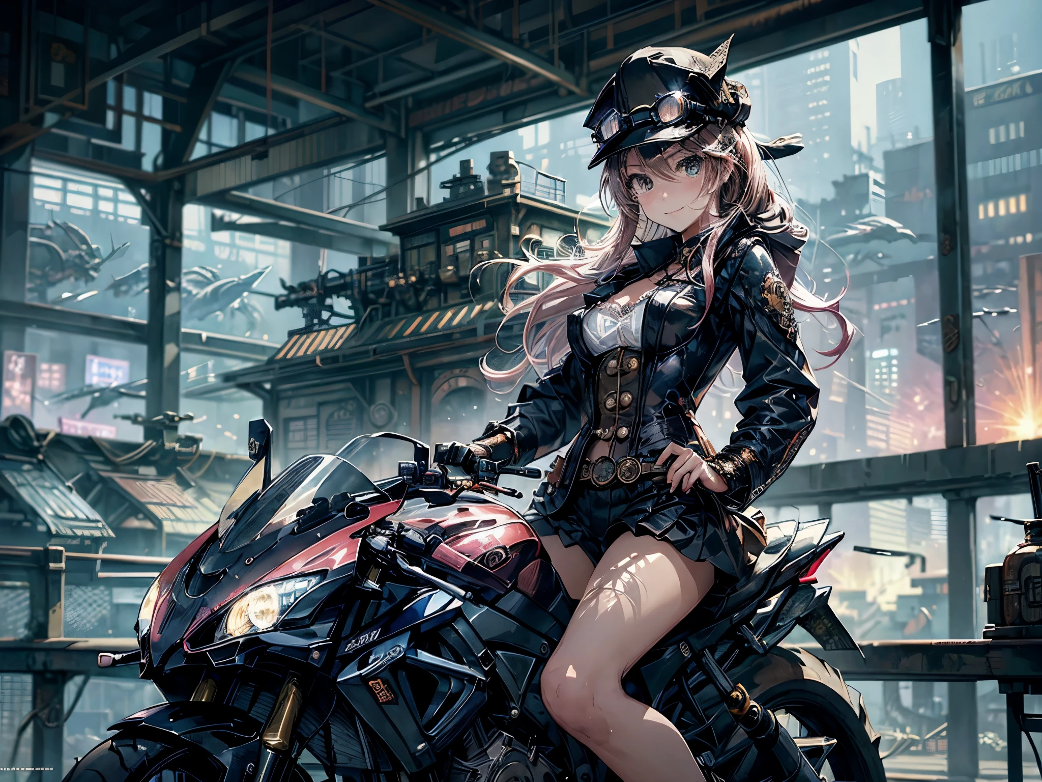 (Manga style),(Line art_anime),(Cowboy Shot, highest quality, ),(Photo by Laura Budd:1.2),(Laura Add details:1.0),8k, Flat Color:0.8,(1 girl,Smile 1.5)、View your viewers,(1. Riding a steampunk bike.8)、(Classic style bike 1.5)、(Highly decorative and complex mechanical steampunk fashion, Lace flare dolphin hat、Goggles 1.5、machinery background、Gear background、Intricately mechanized steampunk cityscape 1.5),