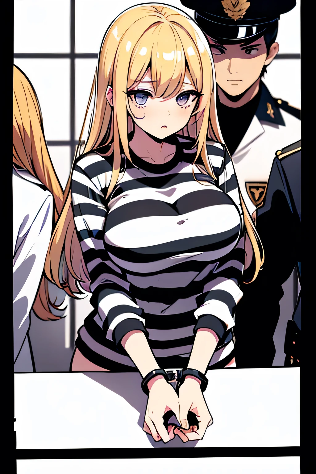 Long blonde hair, handcuffed, arrested, mature female, milf, big breasts ,40 years old, pon prison uniform, prisoner, black and white stripe prison uniform, waifu material, mature