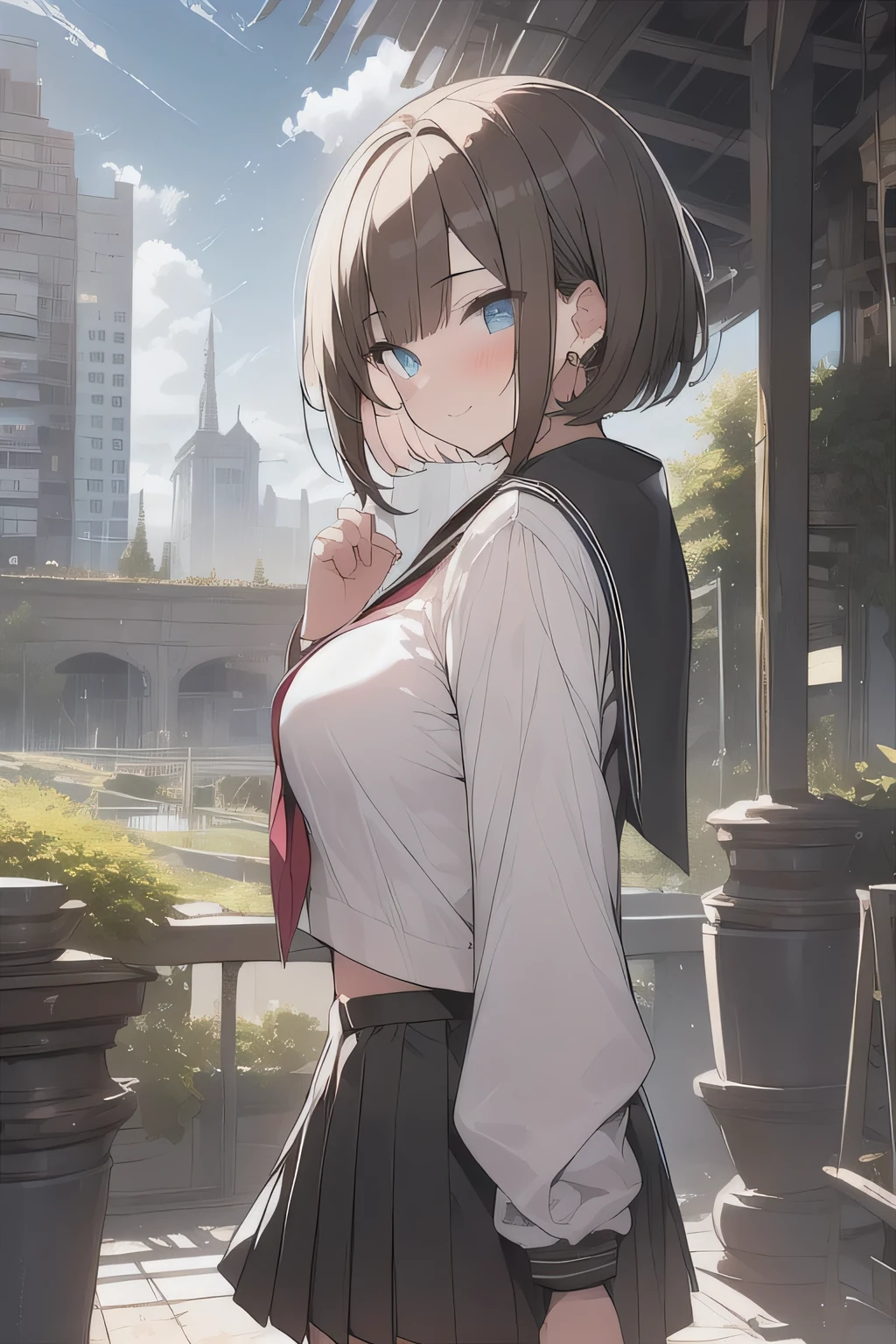 (best quality), (Super detailed), (Best Illustration), (masterpiece), insane detail, score_9, score_8_up, score_7_up, 4k, (teenager), (cute girl), solo, (serafuku), (large breasts:1.2), {brown hair, (sideburns), (bob cut:1.3), curly hair, hairs between eyes, colored inner hair}, {(detailed eyes), blue eyes}, (enjoy:1.3), blush, earring, (botanical garden), (city ruins),