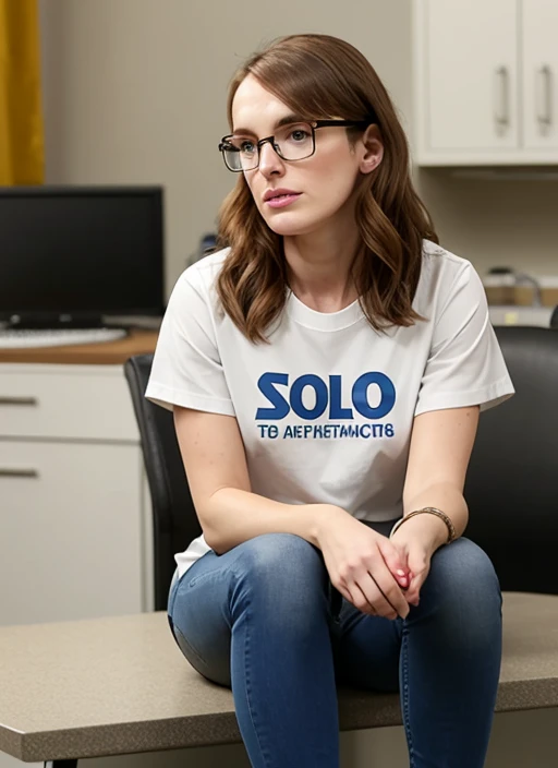 Solo, 1 woman, Elizabeth henstridge, full body, t-shirt, jeans, lab coat, high-tech laboratory, glasses, sitting