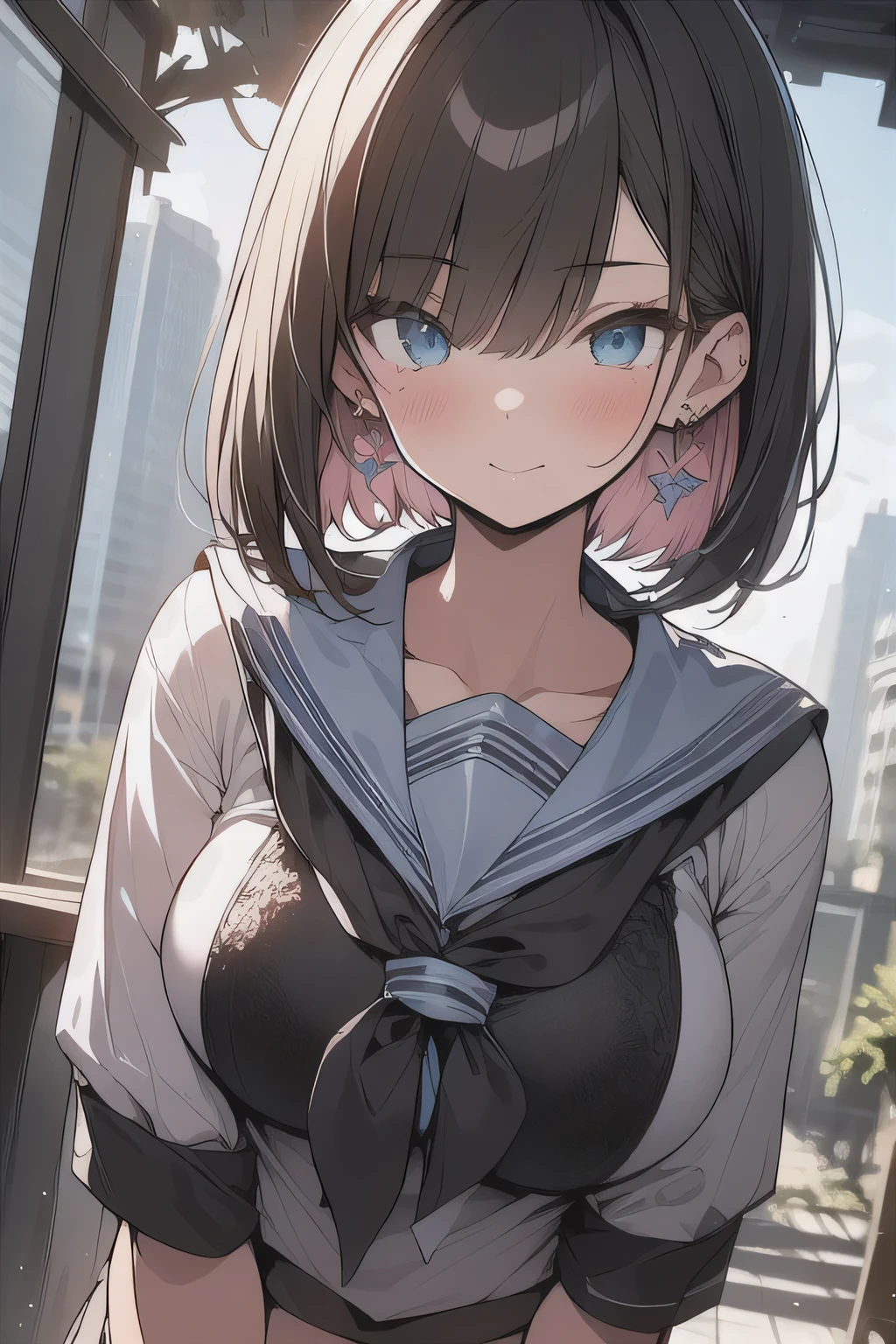 (best quality), (Super detailed), (Best Illustration), (masterpiece), insane detail, score_9, score_8_up, score_7_up, 4k, (ager), (cute girl), solo, (serafuku), (large breasts:1.2), {brown hair, (sideburns), (bob cut:1.3), curly hair, hairs between eyes, colored inner hair}, {(detailed eyes), blue eyes}, (enjoy:1.3), blush, earring, (botanical), city , (ruined place:1.3),