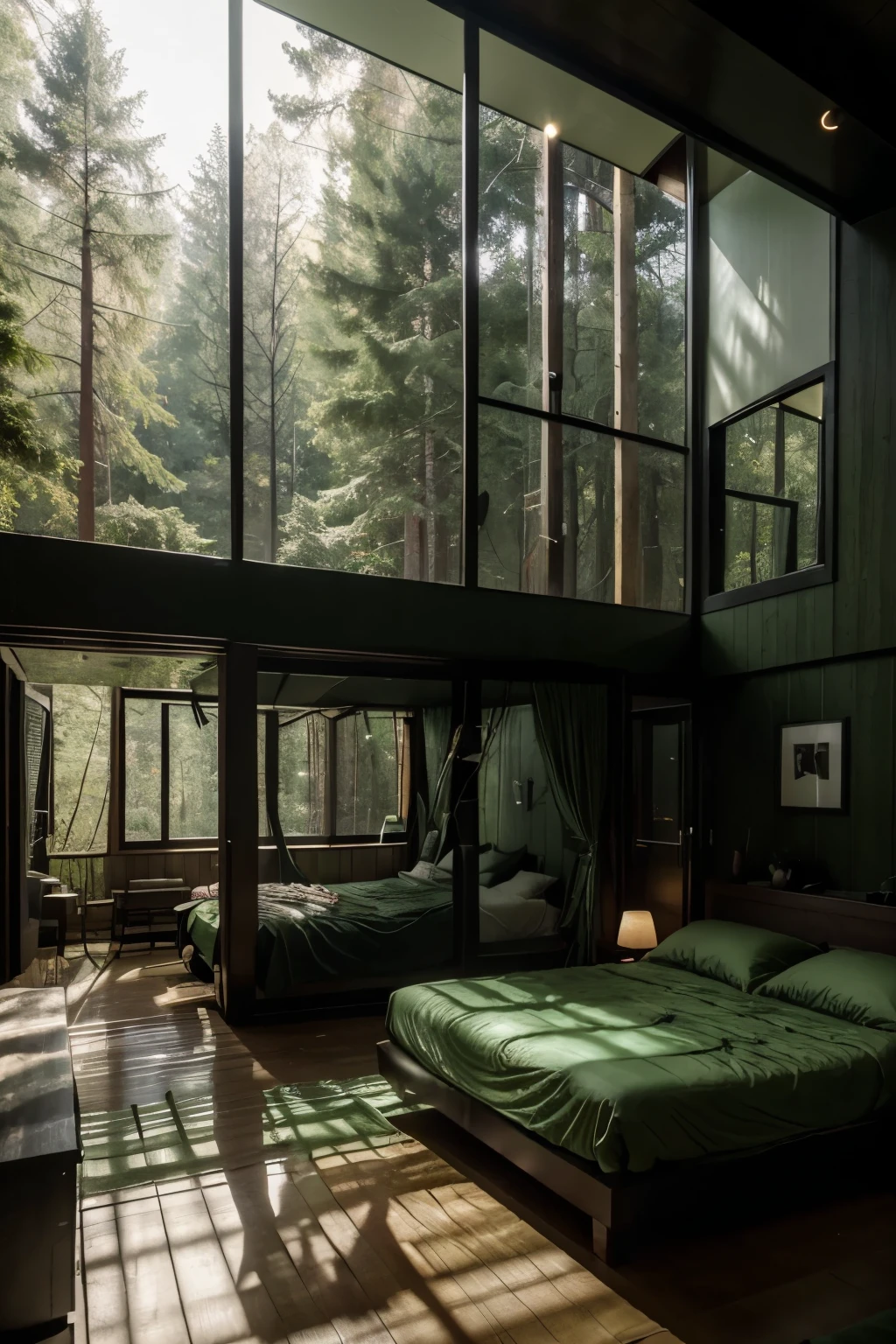 A double-height living room with a large floor-to-ceiling window in a forest house. Outside there is a dark landscape covered in dense trees. The living area is decorated with a bed and lamps illuminating the room. The color palette is in darker and green tones, bringing a feeling of wild life.