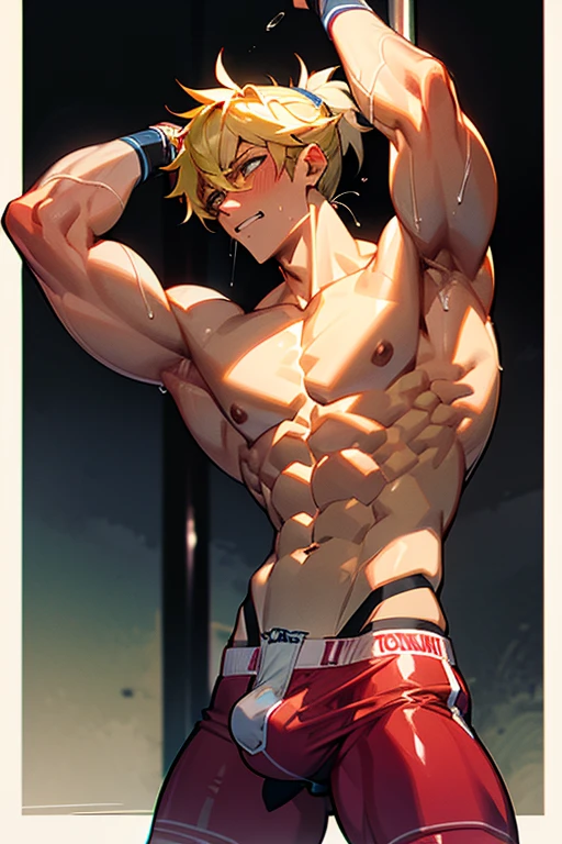 ((best quality)), ((masterpiece)), (detailed), perfect face, Len, Vocaloid, ponytail, short, muscle, muscular, ripped, shredded, jacked, swole, 8 pack, v line, twink, twunk, big arms, big pecs, alpha, alpha male, athletic, jock, veiny arms, veiny muscle, dark skin, darkened skin, stripper, stripper pole, big bulge, big crotch, gigantic bulge, unbelievably huge crotch, massive package, boxers, shorts, erotic dancing, night club, gay night club, showing off, orgasm, bulging muscles, bulging pecs, bulging arms, swollen muscles, huge muscle, veiny arms, sweaty, cute, young, short, moaning, blushing, turned on, horny, lustful, gasping for air, aroused, in heat, whore, slut, slutty, gay, yaoi, soaking wet, wet body, splashed with water, drenched, moaning, underwear, grabbing at crotch, grabbing bulge