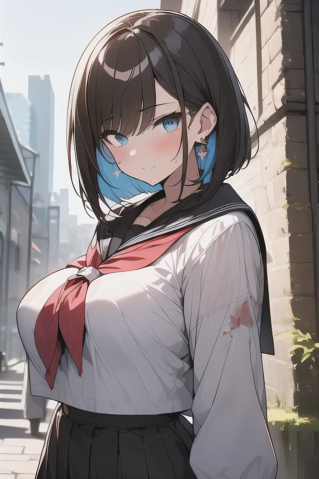 (best quality), (Super detailed), (Best Illustration), (masterpiece), insane detail, score_9, score_8_up, score_7_up, 4k, (teenager), (cute girl), solo, (serafuku), (large breasts:1.2), {brown hair, (sideburns), (bob cut:1.3), curly hair, hairs between eyes, colored inner hair}, {(detailed eyes), blue eyes}, (enjoy:1.3), blush, earring, (botanical), city , (ruined place:1.3),