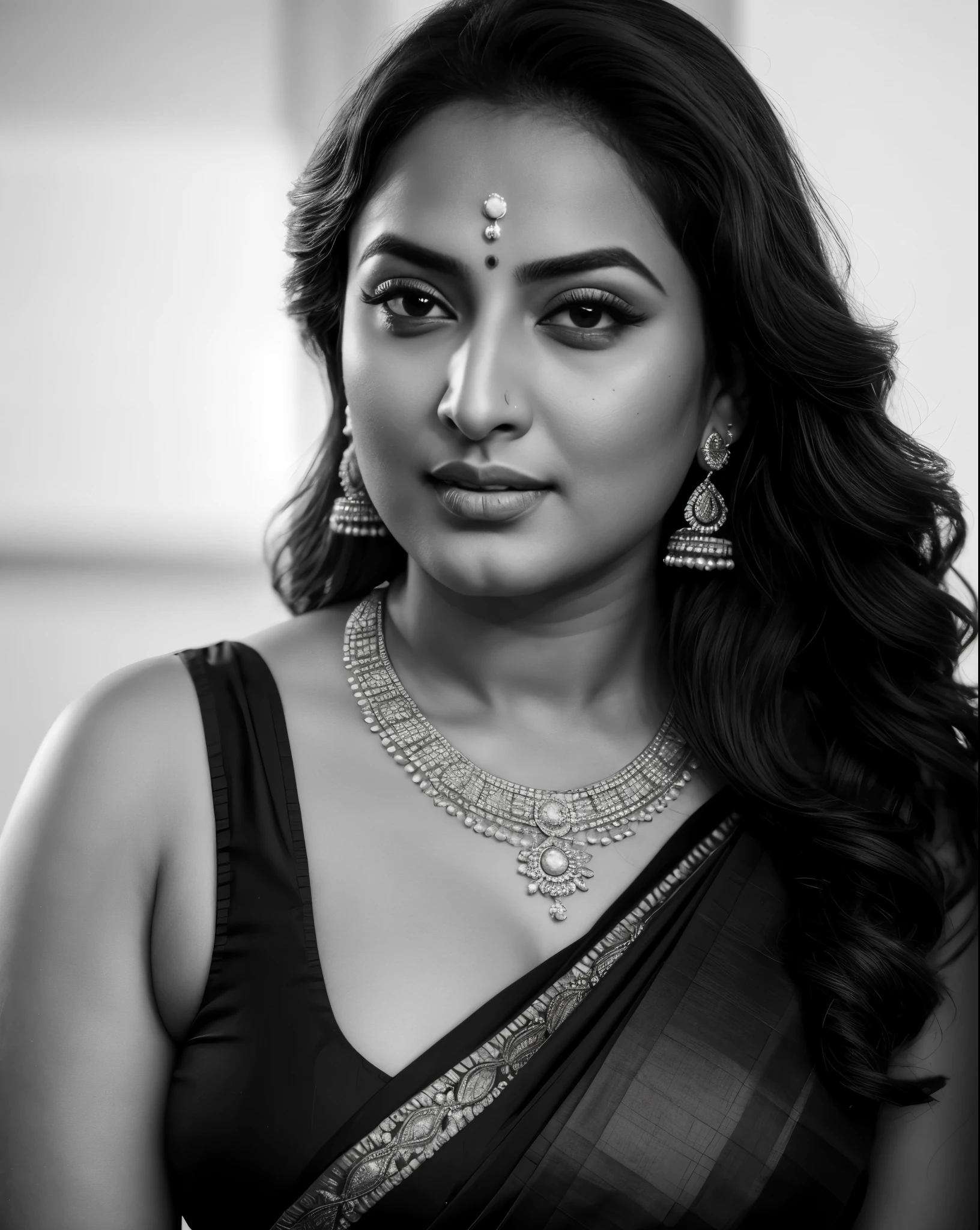 Foto RAW, photorealistic, photography, full body shot, master shot, perfect eyes, goddess like beauty, pierced eyes, perfect thick chubby mallu Desi aunty bhabhi, Wearing a Stanapatta, a chest-band.Saree model, model Photography, Indian saree shoot, Indian traditional wear advertising photography, traditional wear brand shoot, face of Indian actress Sonakshi Sinha, masterpiece, realistic, realism, incredible details, pleasure, photorealism, detailed skin, skin pores, high contrast, photorealistic Artstation 8k HD digital art trend of high definition and detailed realistic skin texture, ultra detail, realistic skin texture, armature, best quality, ultra high definition, (photorealistic:1.4),, high resolution, detail, raw photo, sweat, Re sharp, by Lee Jefferies Nikon D850 Film Stock Photo 4 Kodak Portra 400 Camera F1.6 Lens Rich Color Ultra Real Realistic Realistic Textures Dramatic Lighting Unreal Engine Trending at Art Station Cinestill 800,(pele altamente detalhada: 1.2), 8k UHD, DSLR, soft-lighting, alta qualidade, grain of film, Fujifilm XT3,she didn't like to wear blouse or bra, she is happy to wear only saree, she hates blouse or bra, detailed hairy armpits, hyper realistic skin, skin pores, sweat, veins,