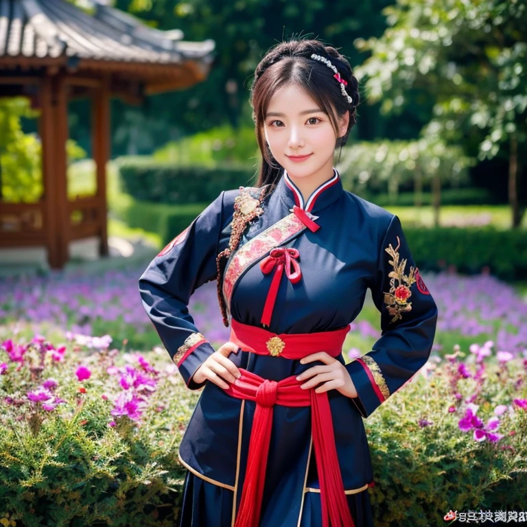 ung woman aged 20 years, Full body, legs open, cool standing, The abdomen is smooth, shiny, strong.,Long, flowing hair, Face with heavy makeup, clearly enhance beauty, Big, bouncy breasts, Looking at the camera with sexy eyes, ในชุดนักรบจีนdark blue สีฟ้าเข้ม,dark black,dark red,dark blue, Has shiny gold metal.,In a flower garden, Chinese woman, Traditional Chinese armor warrior clothing Taken with a high quality camera 45,000,000,000 pixels 16k,,