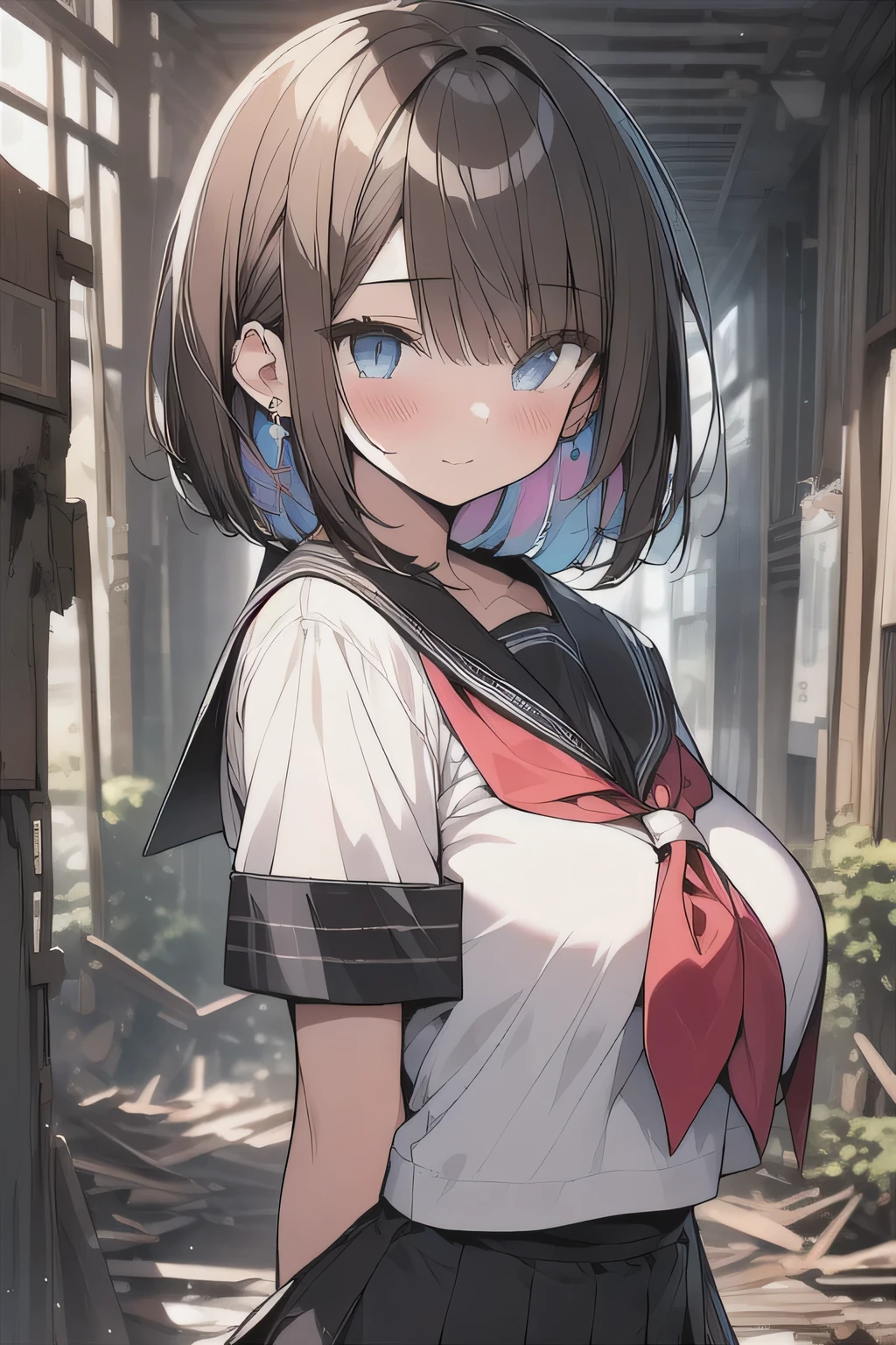 (best quality), (Super detailed), (Best Illustration), (masterpiece), insane detail, score_9, score_8_up, score_7_up, 4k, (ager), (cute girl), solo, (serafuku), (large breasts:1.2), {brown hair, (sideburns), (bob cut:1.3), curly hair, hairs between eyes, colored inner hair}, {(detailed eyes), blue eyes}, blush, earring, (botanical city), (dilapidated tokyo:1.3),