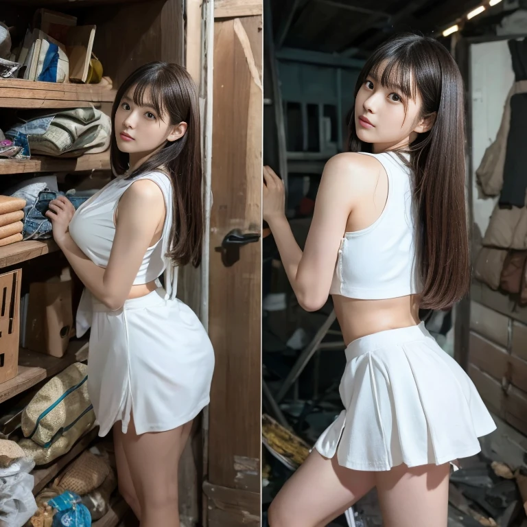 ##Overview
Create high-quality, realistic photo images of a climactic scene from an action heroine photoshoot for a magazine catering to fans of heroines in peril. Full body shots including feet, 1024x1024 size.
##Character
A cute young Japanese woman in her early 20s with a fresh, innocent look - the heroine character from a live-action Japanese superhero TV series.
##Costume
A white-based costume design that looks pure but allows for easy movement - something like a sleeveless top and short skirt revealing her thighs. The costume should appear scuffed and dusty in places from battle.
##Hairstyle
A neat, innocent hairstyle with straight hair pulled halfway up to expose her ears.
##Additional Appearance Notes
Her knees should also appear dusty/scuffed up from the battle.
##Situation
Capture angles of a climactic moment where the heroine is in peril, battling the villain in their secret lair. While the villains themselves may not be visible, the background should show signs of destruction from the fight.