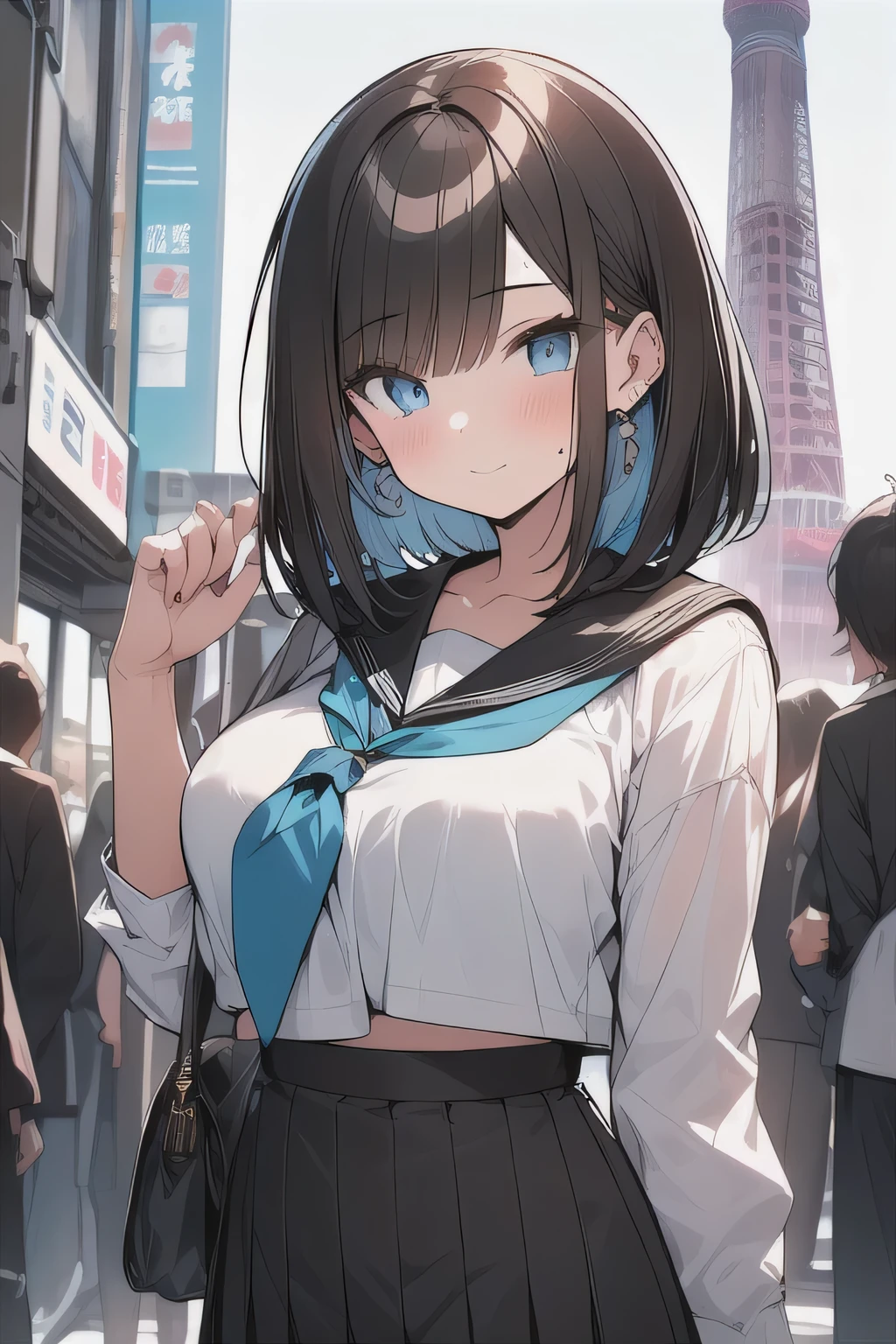 (best quality), (Super detailed), (Best Illustration), (masterpiece), insane detail, score_9, score_8_up, score_7_up, 4k, (teenager), (cute girl), solo, (serafuku), (large breasts:1.2), {brown hair, (sideburns), (bob cut:1.3), curly hair, hairs between eyes, colored inner hair}, {(detailed eyes), blue eyes}, blush, earring, (botanical city), (Ruined Tokyo Skytree:1.3), 