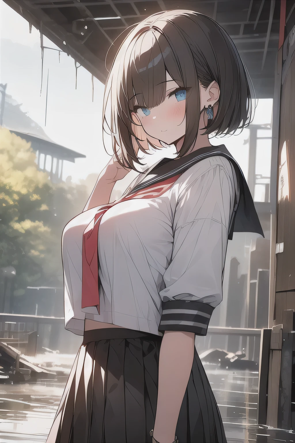 (best quality), (Super detailed), (Best Illustration), (masterpiece), (nsfw), (woman), {(white serafuku lift:1.2), show off breast}, (large breasts:1.2), {brown hair, (sideburns), (bob cut:1.3), curly hair, hairs between eyes, colored inner hair}, {(detailed eyes), blue eyes}, blush, earring, wind, ruin city, botanical, night