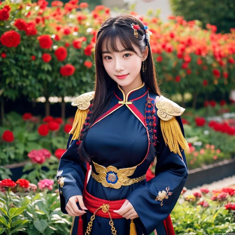 1 young woman aged 20 years, Full body, legs open, cool standing, The abdomen is smooth, shiny, strong., Long, flowing hair, Face with heavy makeup, clearly enhance beauty, Big, bouncy breasts, Looking at the camera with sexy eyes, ในชุดนักรบจีนdark blue สีฟ้าเข้ม,dark black,dark red,dark blue, Has shiny gold metal.,In a flower garden, Chinese woman, Traditional Chinese armor warrior clothing Taken with a high quality camera 45,000,000,000 pixels 16k,,