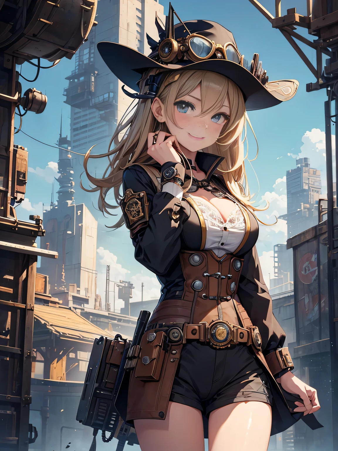 (Line art_anime),(Cowboy Shot,Low Angle, highest quality, ),(Laura Budd Photos:1.2),(Laura Add details:1.0),8k, Flat Color:0.8,1 girl,smile,(Highly decorative and complex mechanical steampunk fashion, Lace flare dolphin hat、Goggles 1.5、machinery background、Gear background、An elaborately mechanized steampunk cityscape 1.5),Cute pose,