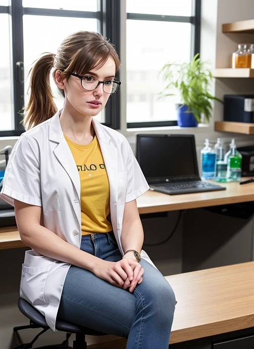 Solo, 1 woman, Elizabeth henstridge, full body, t-shirt, jeans, lab coat, high-tech laboratory, glasses, sitting, ponytail hair 