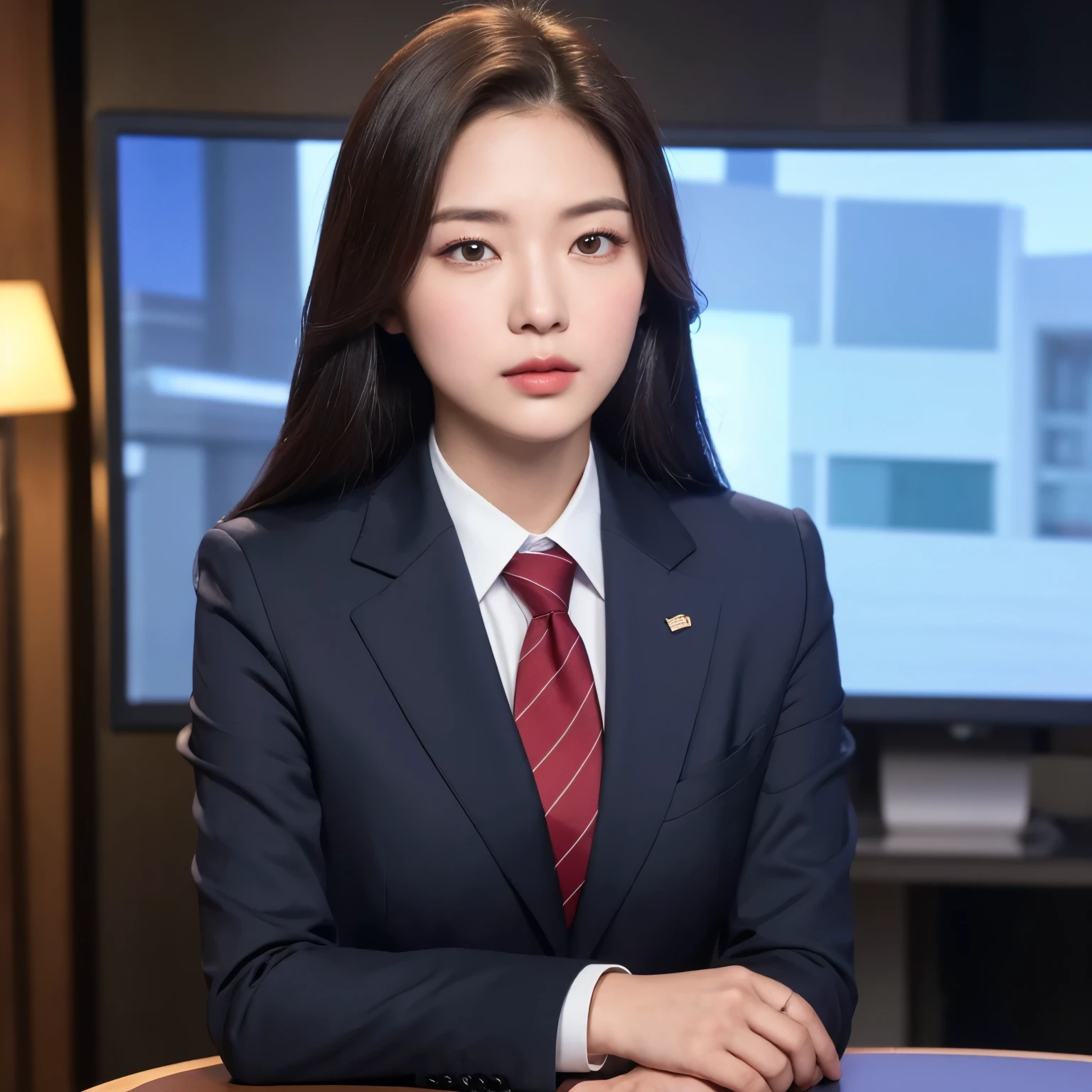 High-definition, 8K, Masterpiece: 1.3, Sharp: 1.2, Young News Anchor: 1.4, Slicked-back hair, Succinct jawline: 1.2, Formal attire: 1.1, (Tie and suit jacket: 1.2), Ultra-realistic facial features, Detailed eyes, Focused gaze, (Looks directly at the camera), Mid 20s, Confident and professional posture, Good shape, (Arms crossed over the chest), (Background of a well-lit, professional news studio)