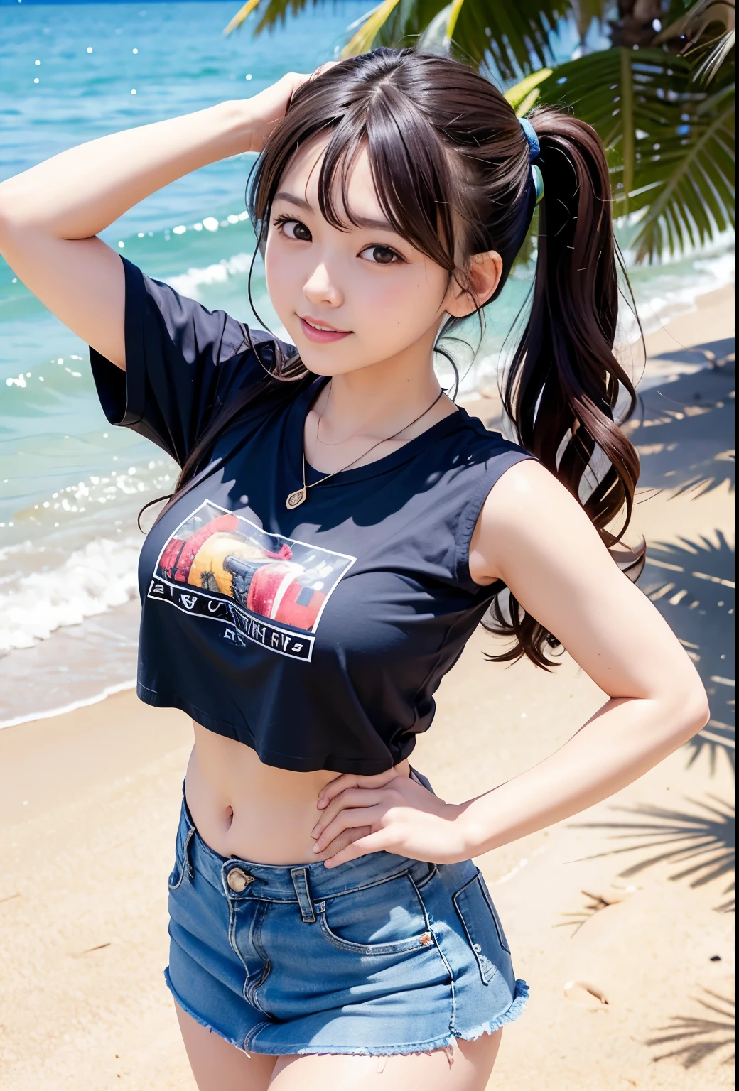 (highest quality,masterpiece:1.3,Ultra-high resolution),(Very detailed、Caustics) (Realistic:1.4, RAW shooting、)Ultra-Realistic Capture、Very detailed、Natural skin texture、masterpiece、(1 Japanese girl wearing a sequined t-shirt and a mini denim skirt:1.3)、Adorable expression、Expressions of Happiness、14 years old、Young Face、Amazingly cute、Twin tails、Curly Hair、Black Hair、Scrunchie、light makeup、necklace、Busty and bursting、Bare arms、Shining thighs、Shining ass、Shooting on the beach、Summer sunshine、smile、An inviting gaze、Cowboy Shot、Anatomically correct、Attention to detail、A pose that emphasizes the chest、