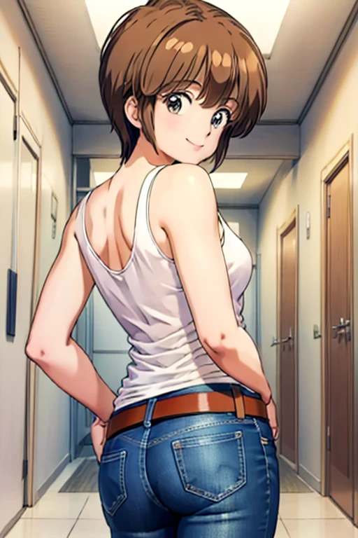 masterpiece, best quality, hiyama hikaru, black tank top, jeans, brown belt, arched back, looking at viewer, from below, looking at viewer, hallway, smile