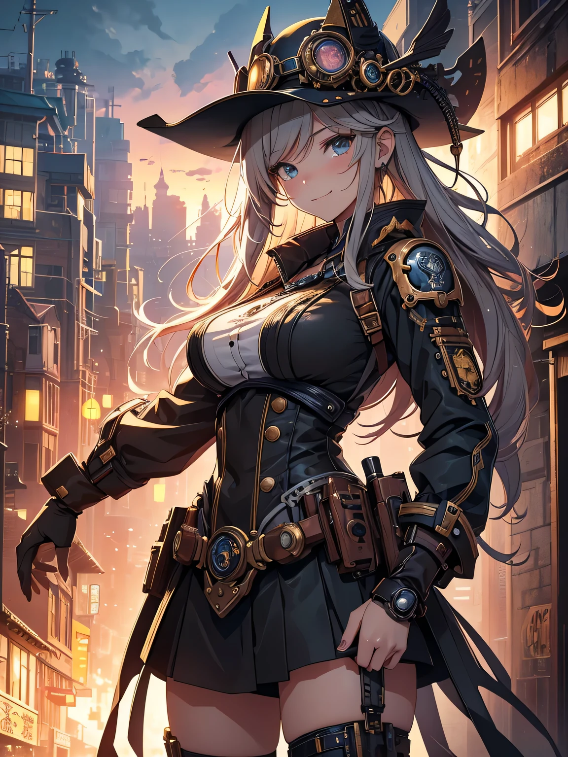 (Line art_anime),(Cowboy Shot,Low Angle, highest quality, ),(Laura Budd Photos:1.2),(Laura Add details:1.0),8k, Flat Color:0.8,1 girl,smile,(Highly decorative and complex mechanical steampunk fashion, Lace flare dolphin hat、Goggles 1.5、machinery background、Gear background、An elaborately mechanized steampunk cityscape 1.5),Cute pose,