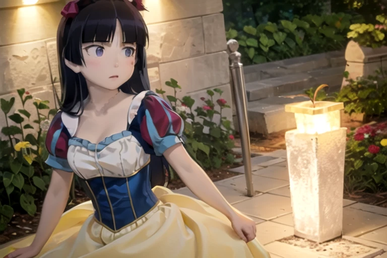 ((masterpiece, highest quality, Very detailed)), (ruri gokou), Hime cut, Long Hair, Blunt bangs, Black Hair,Dramatic lighting, (Grab a poisonous green poison apple), detailed dress, snow white, (red bow), yellow skirt, tight blue corset, yellow dress, field、
