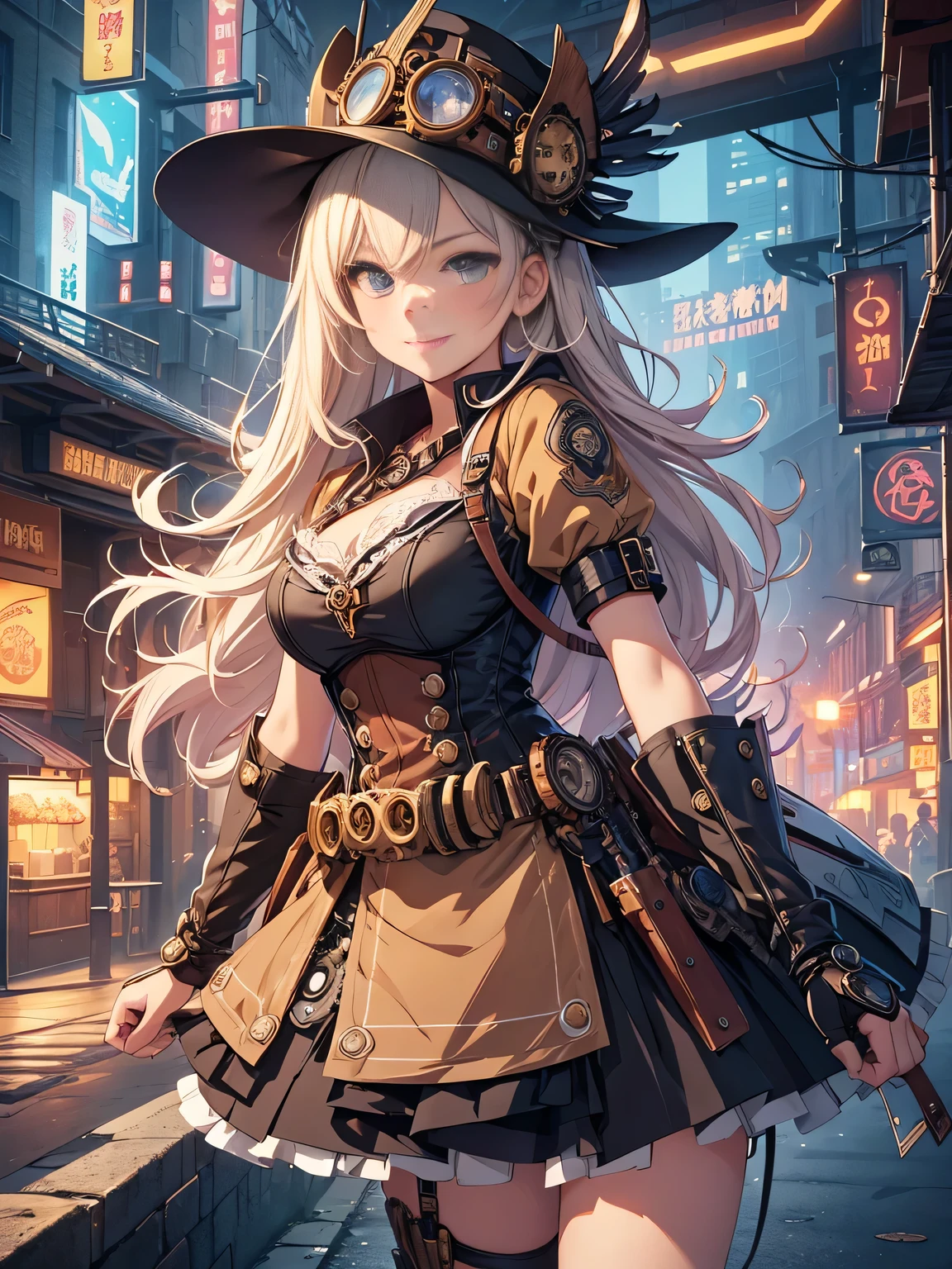 (Line art_anime),(Cowboy Shot,Low Angle, highest quality, ),(Laura Budd Photos:1.2),(Laura Add details:1.0),8k, Flat Color:0.8,1 girl,smile,(Highly decorative and complex mechanical steampunk fashion, Lace flare dolphin hat、Goggles 1.5、machinery background、Gear background、An elaborately mechanized steampunk cityscape 1.5),Cute pose,