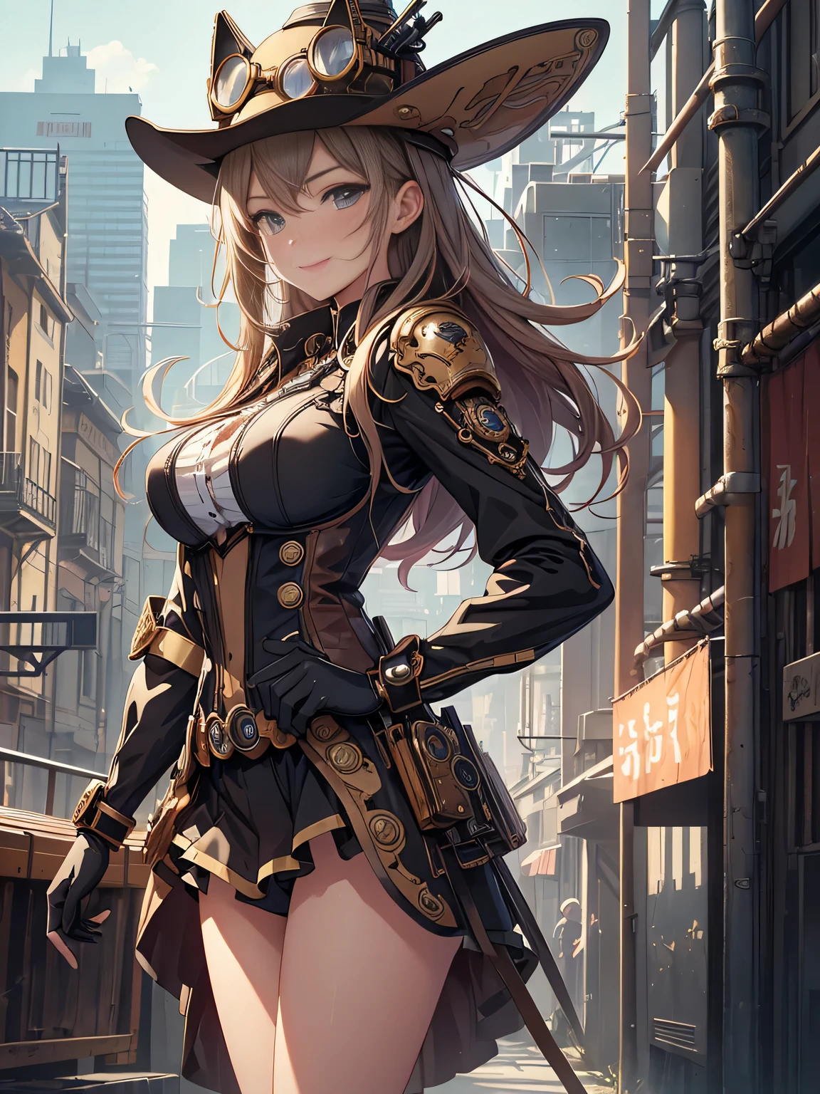 (Line art_anime),(Cowboy Shot,Low Angle, highest quality, ),(Laura Budd Photos:1.2),(Laura Add details:1.0),8k, Flat Color:0.8,1 girl,smile,(Highly decorative and complex mechanical steampunk fashion, Lace flare dolphin hat、Goggles 1.5、machinery background、Gear background、An elaborately mechanized steampunk cityscape 1.5),Cute pose,