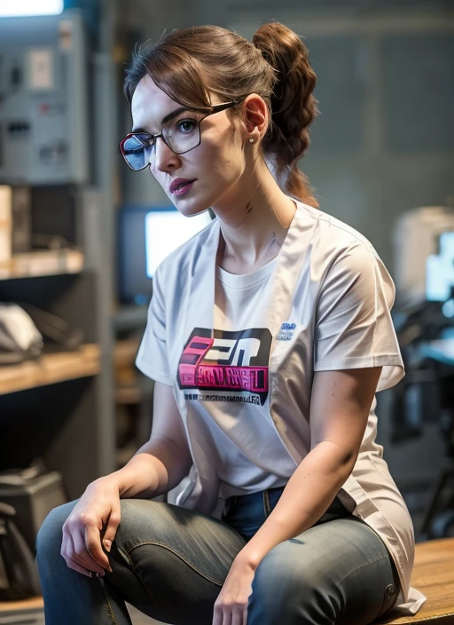 Solo, 1 woman, Elizabeth henstridge, full body, t-shirt, jeans, lab coat, cyberpunk laboratory, glasses, sitting, ponytail hair, cute, sexy, realistic, 