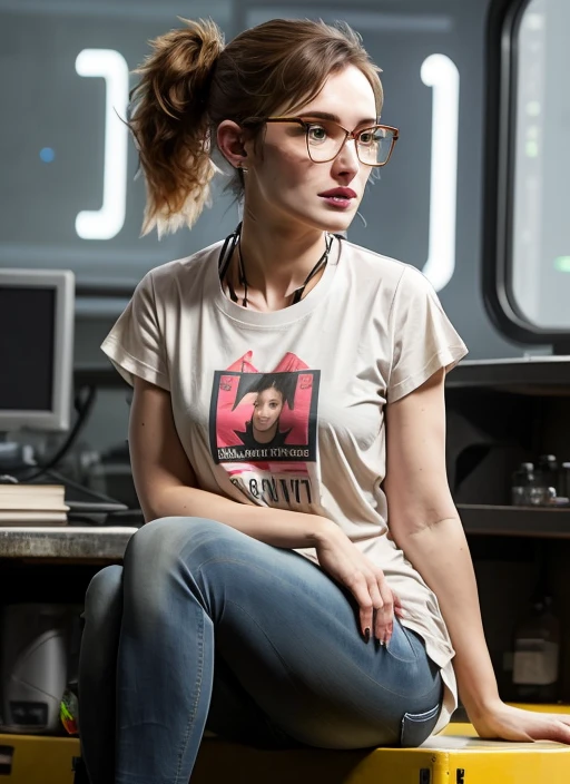 Solo, 1 woman, Elizabeth henstridge, full body, t-shirt, jeans, lab coat, cyberpunk laboratory, glasses, sitting, ponytail hair, cute, sexy, realistic, 