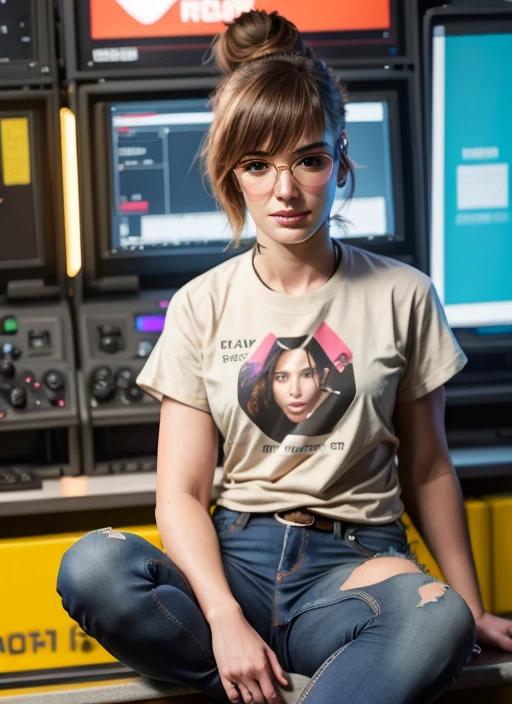 Solo, 1 woman, Elizabeth henstridge, full body, t-shirt, jeans, lab coat, cyberpunk laboratory, glasses, sitting, ponytail hair, cute, sexy, realistic, 