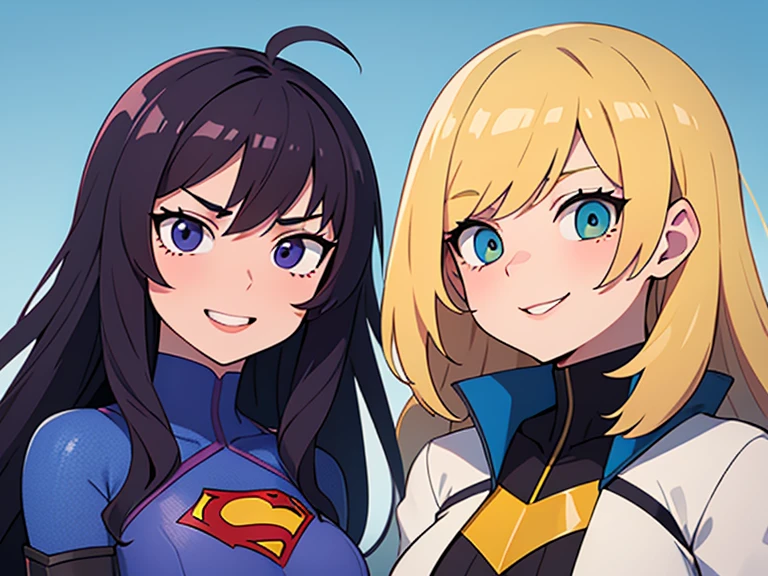 2 girls of the same appearance but opposite characters (heroine and anti-heroine) (modest villainess and cheeky superheroine) in super suits, natural realistic hair colors 