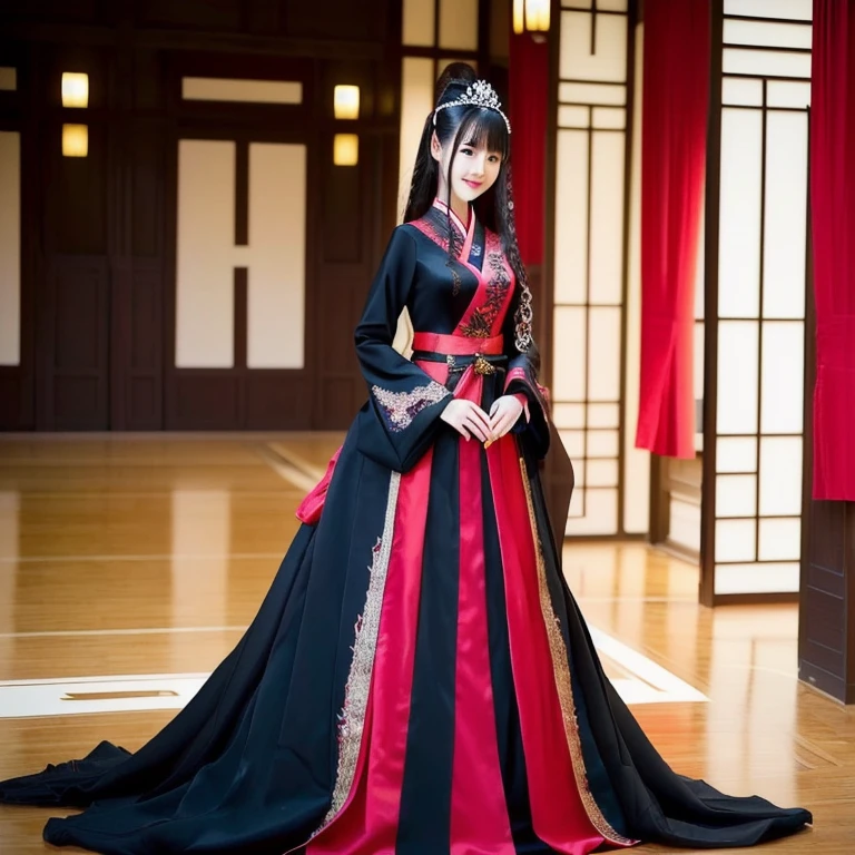 arafed asian woman in a black and red dress posing for a picture, palace , a girl in hanfu, chinese costume, hanfu, wearing a black noble suit, full body xianxia, anime cosplay, zhongli from genshin impact, anime girl cosplay, keqing from genshin impact, inspired by Du Qiong, a beautiful fantasy empress