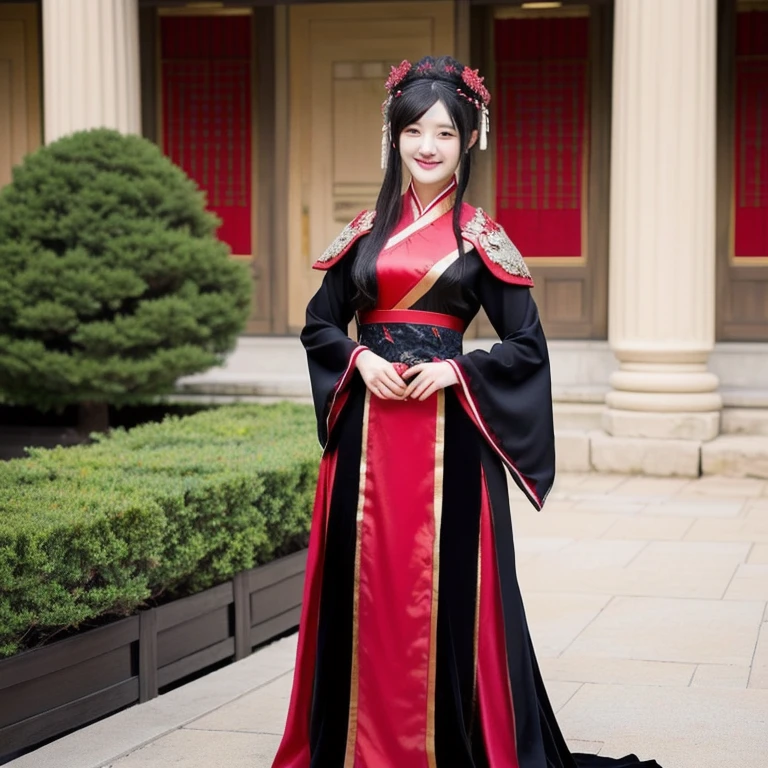 arafed asian woman in a black and red dress posing for a picture, palace ， a girl in hanfu, chinese costume, hanfu, wearing a black noble suit, full body xianxia, anime cosplay, zhongli from genshin impact, anime girl cosplay, keqing from genshin impact, inspired by Du Qiong, a beautiful fantasy empress