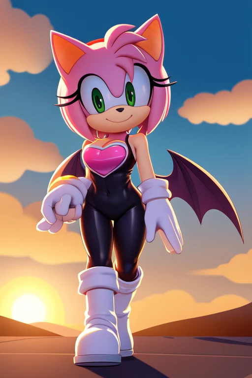 Amy Rose, (Rouge the Bat Cosplay), no wings, 1 girl, solo, smile, green eyes, red hairband, bob hair, sky, outdoors, cloud, pink hair, sunset, bare shoulders, animal nose, black rubber bodysuit, pink heart on chest, cleavage, white gloves, white knee-high boots, valley, walking, arms at sides, 2D flat illustration.
